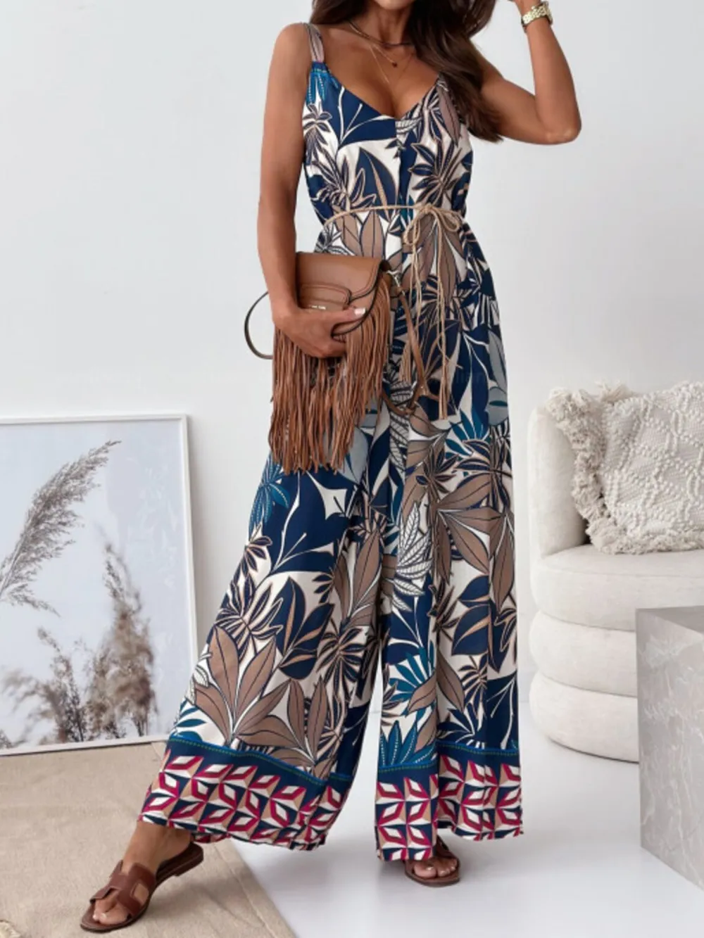 Paisley Print Spaghetti Strap Wide Leg Jumpsuit, image 7