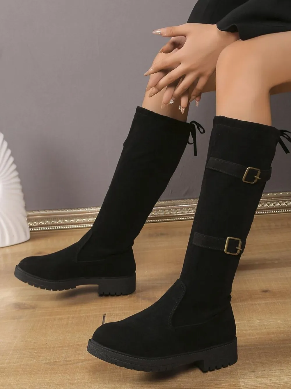 Suede Knee-High Combat Boots with Double Buckle Straps, image 3