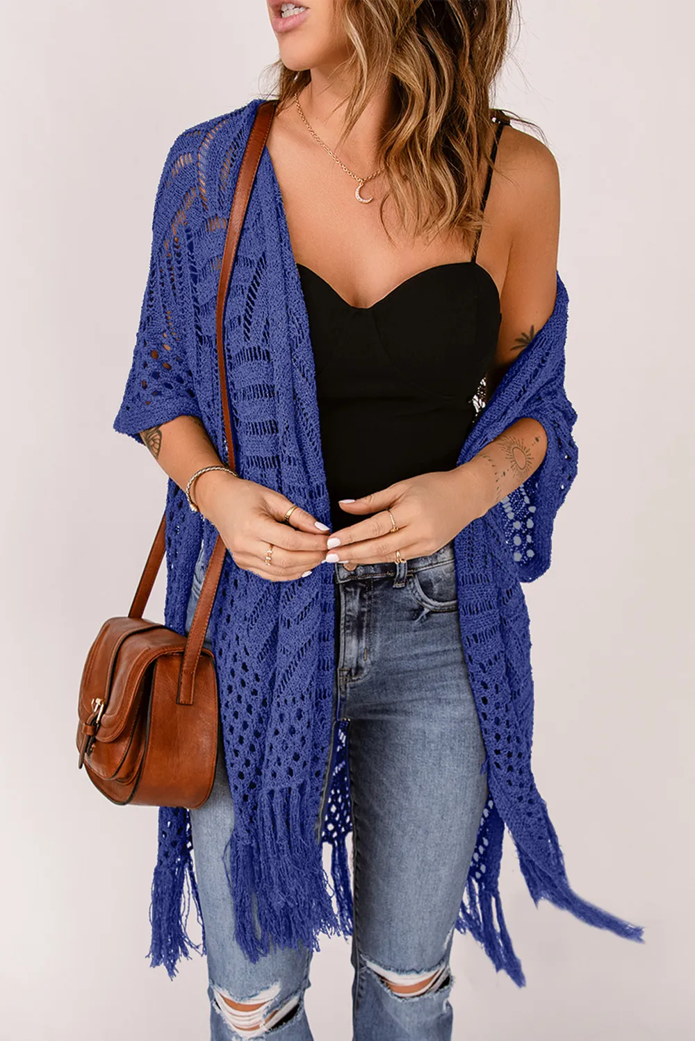 Openwork Open Front Cardigan with Fringes, image 6
