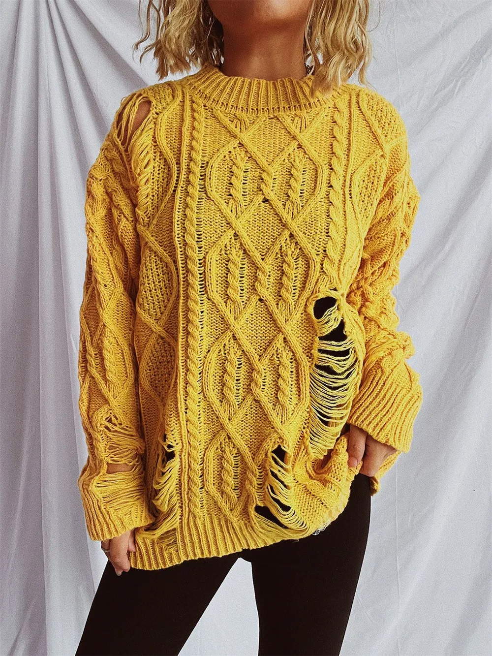 Distressed Cable-Knit Round Neck Long Sleeve Sweater, image 15