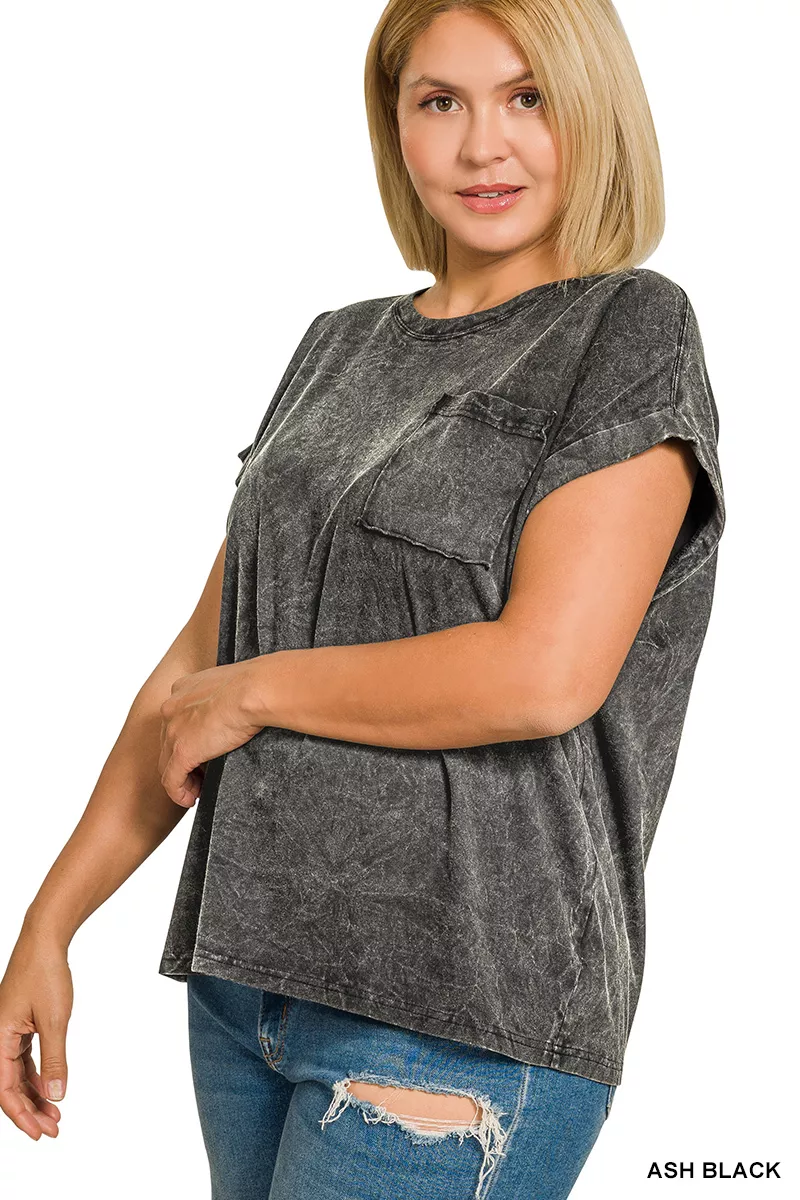 Full Size Crinkle Washed Round Neck Folded Short Sleeve Tee Plus Size, image 2