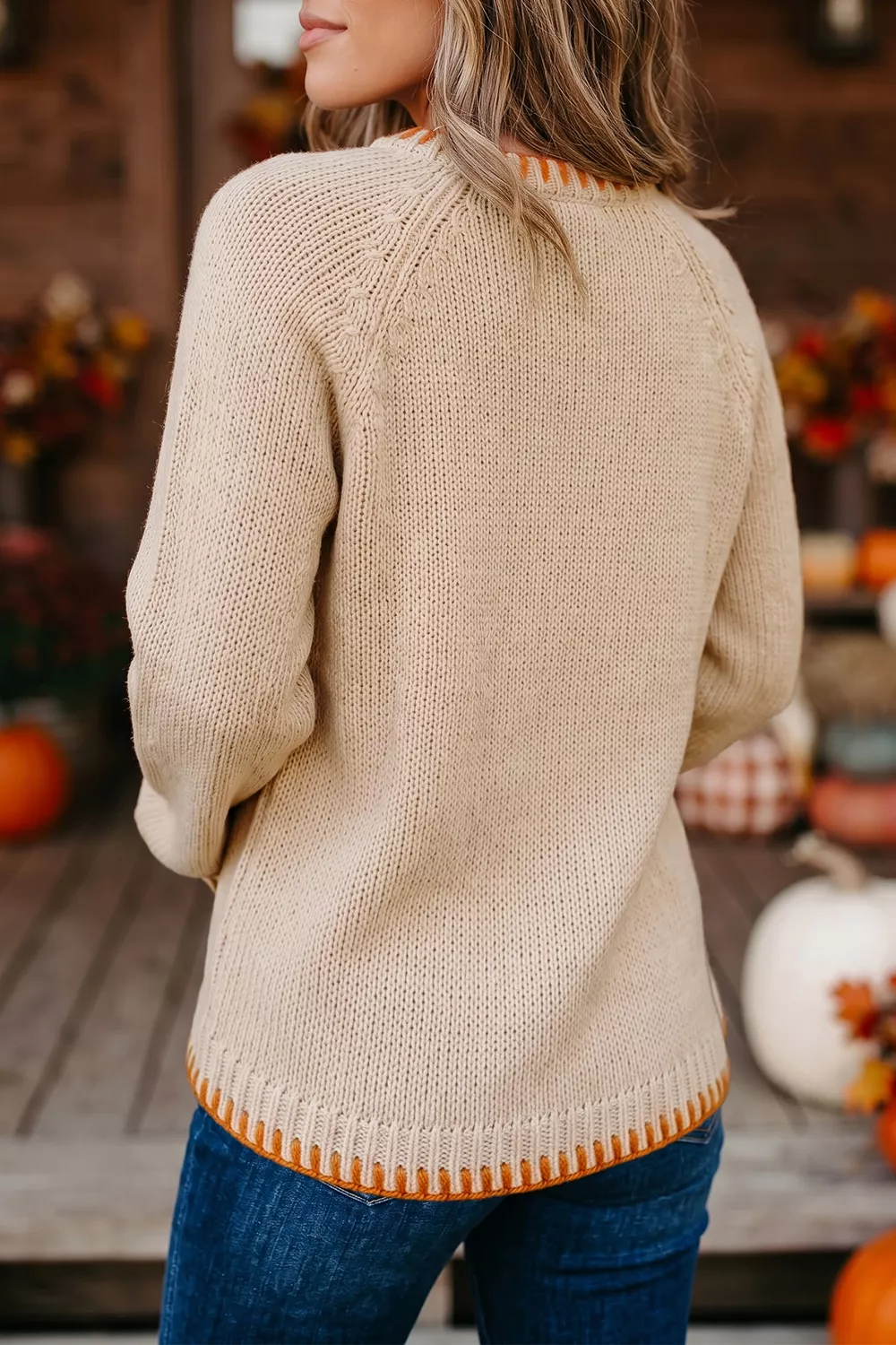 Floral Embroidery Pumpkin Long Sleeve Round Neck Sweater, image 5