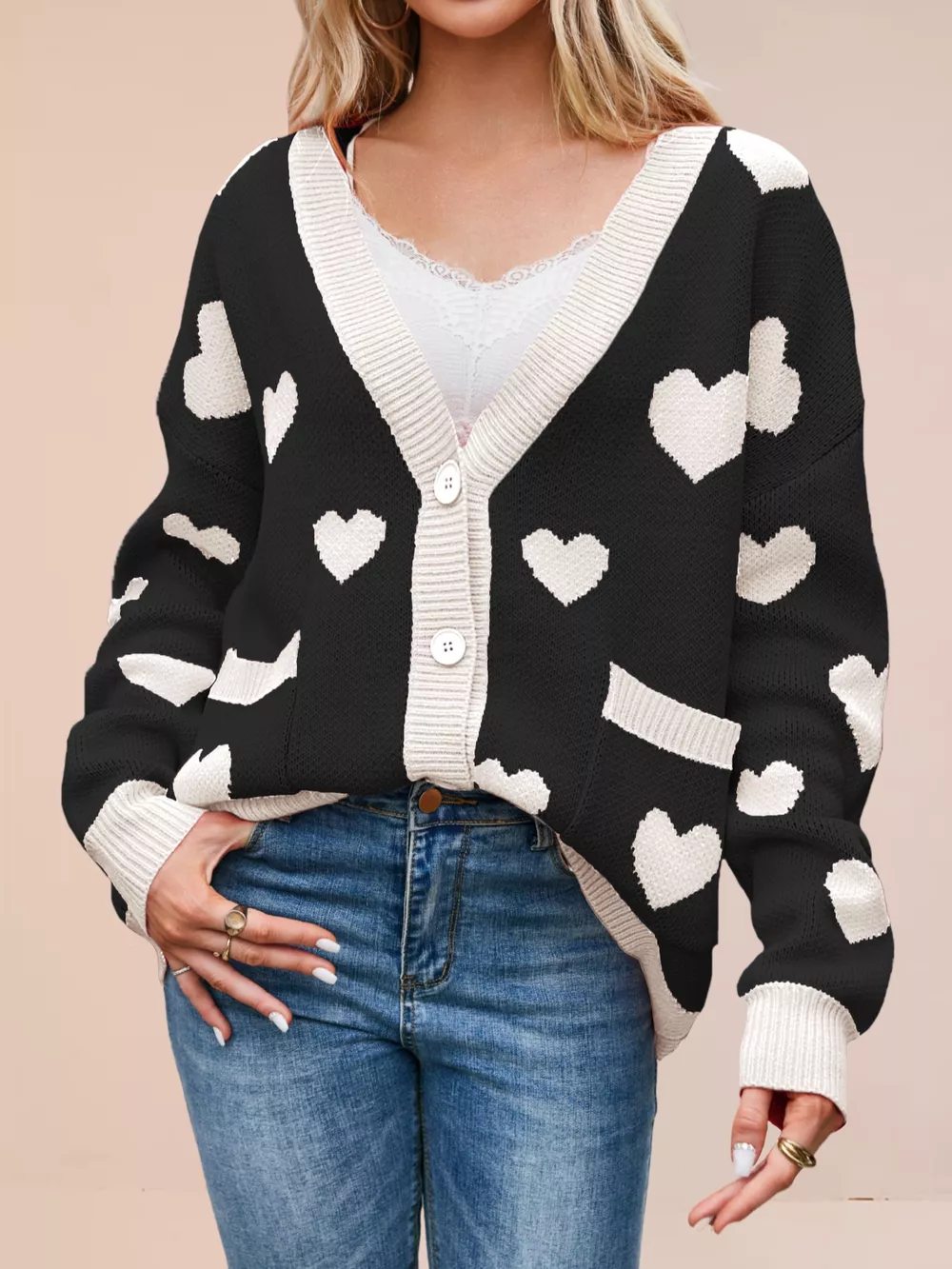 Heart Pattern Button-Up Knit Cardigan, image 16