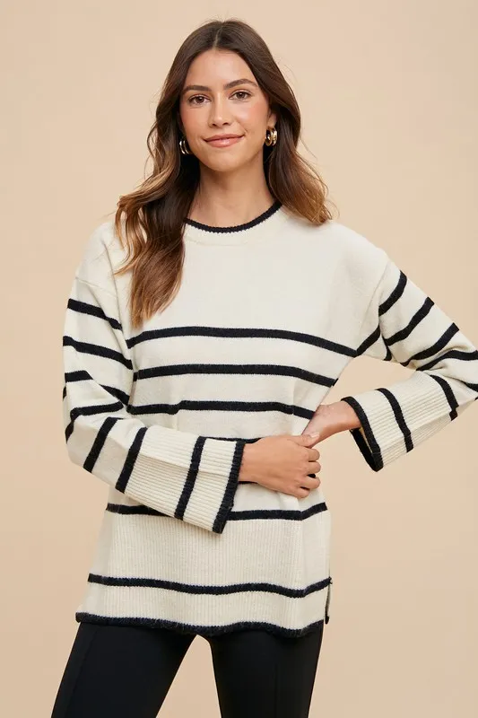 Side Slit Striped Round Neck Sweater, image 3