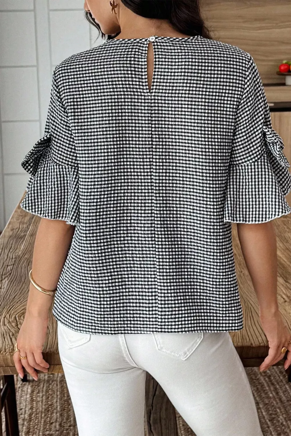 Gingham Bow Half Sleeve Blouse, image 3