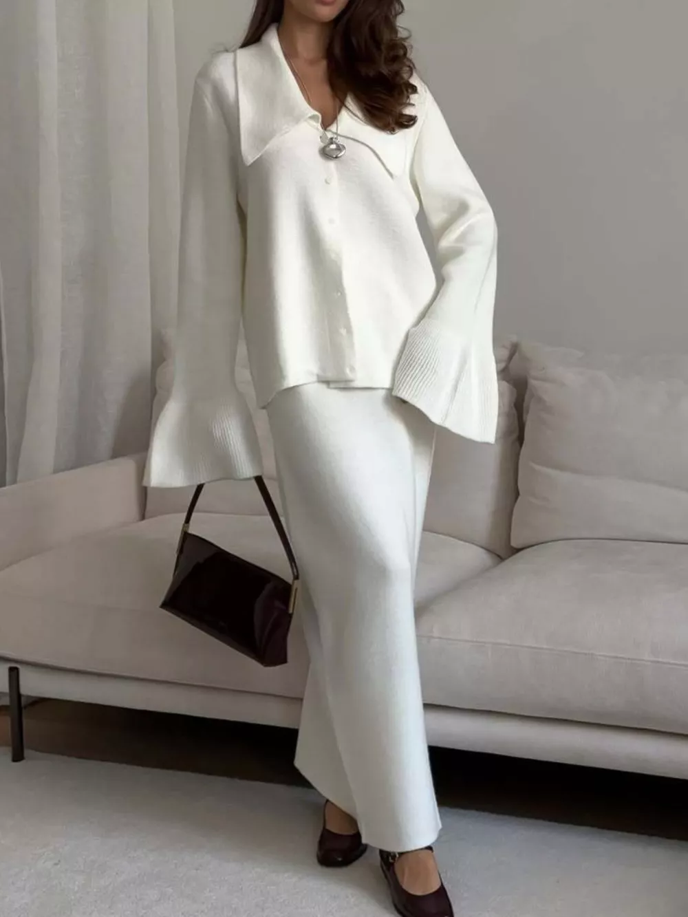 Button Down Long Sleeve Cardigan and Skirt Knit Set, image 5