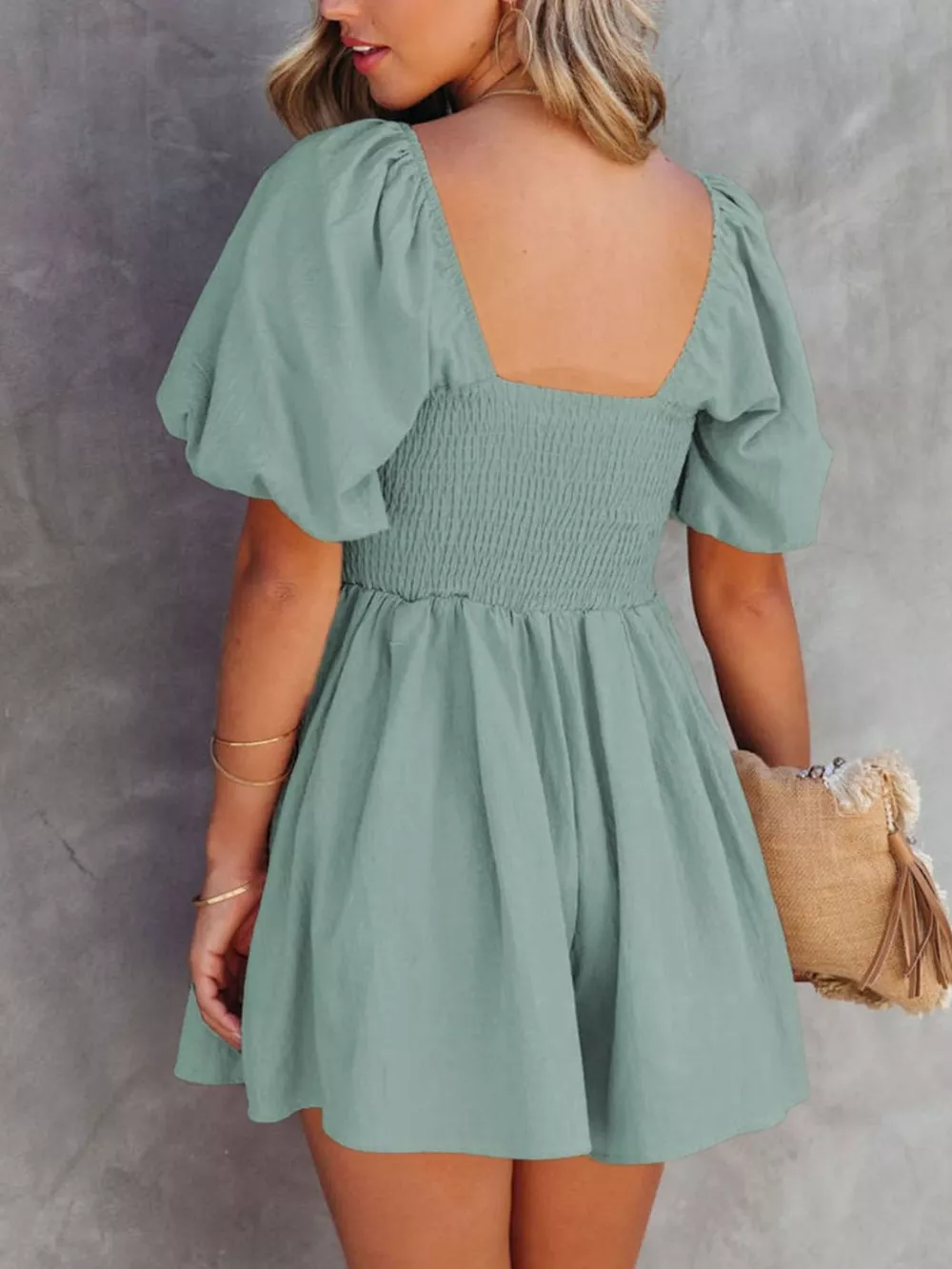 Square Neck Ruched Puff Sleeve Romper, image 2