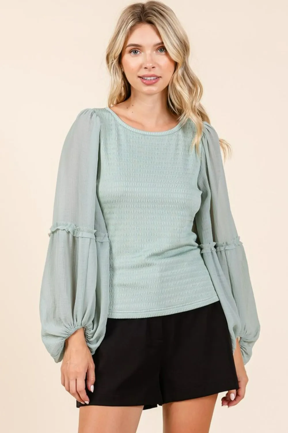 Mixed Media Textured Knit Chiffon Long Sleeve Top