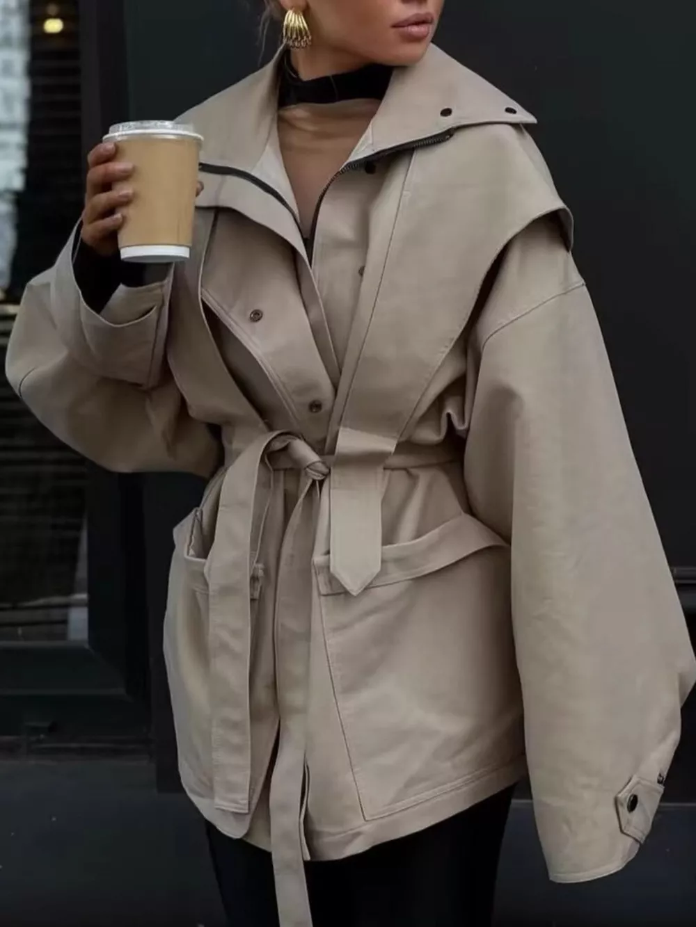 Tie Waist Snap Down Trench Coat, image 2