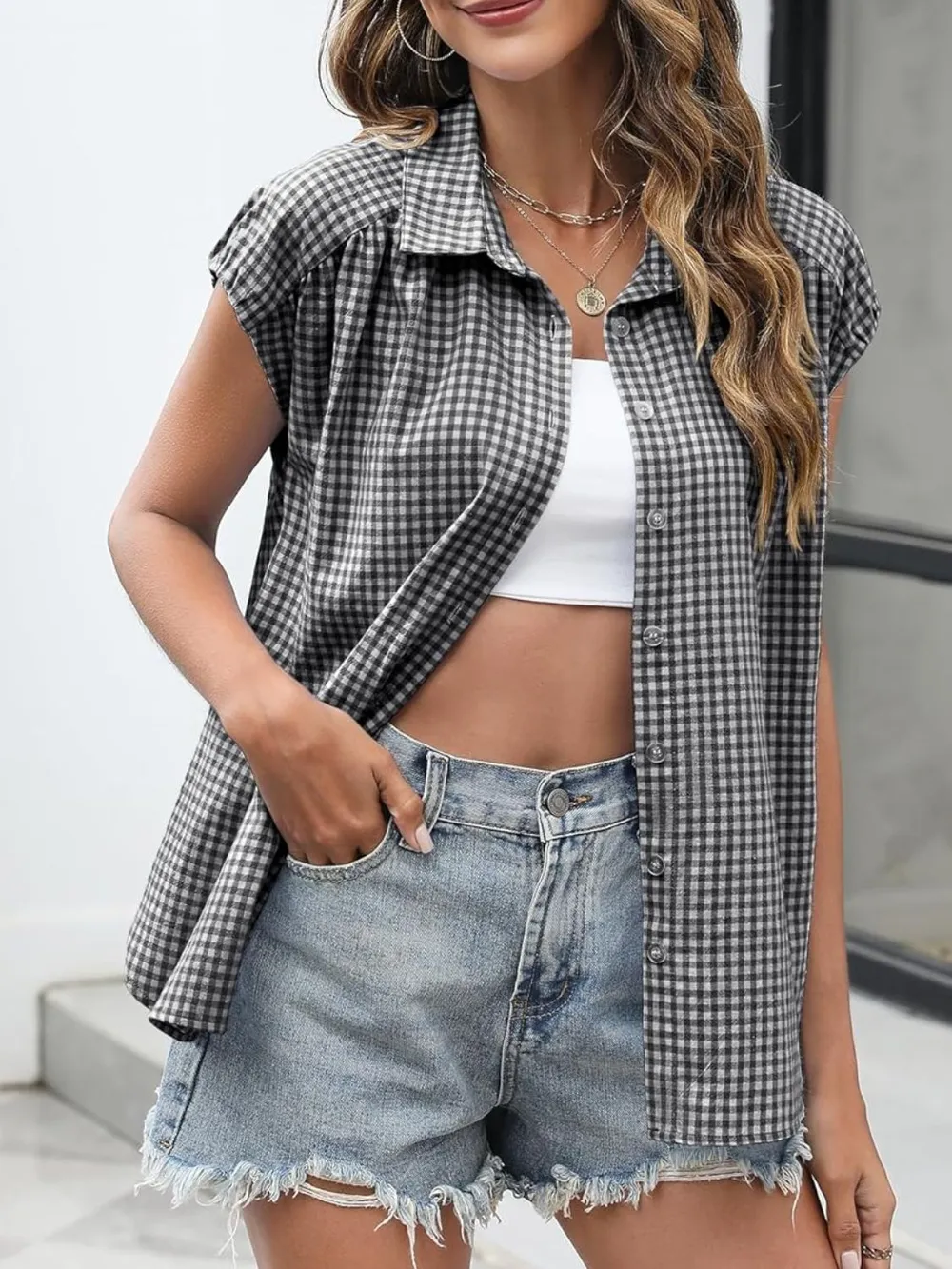 Plaid Button Up Cap Sleeve Shirt, image 12