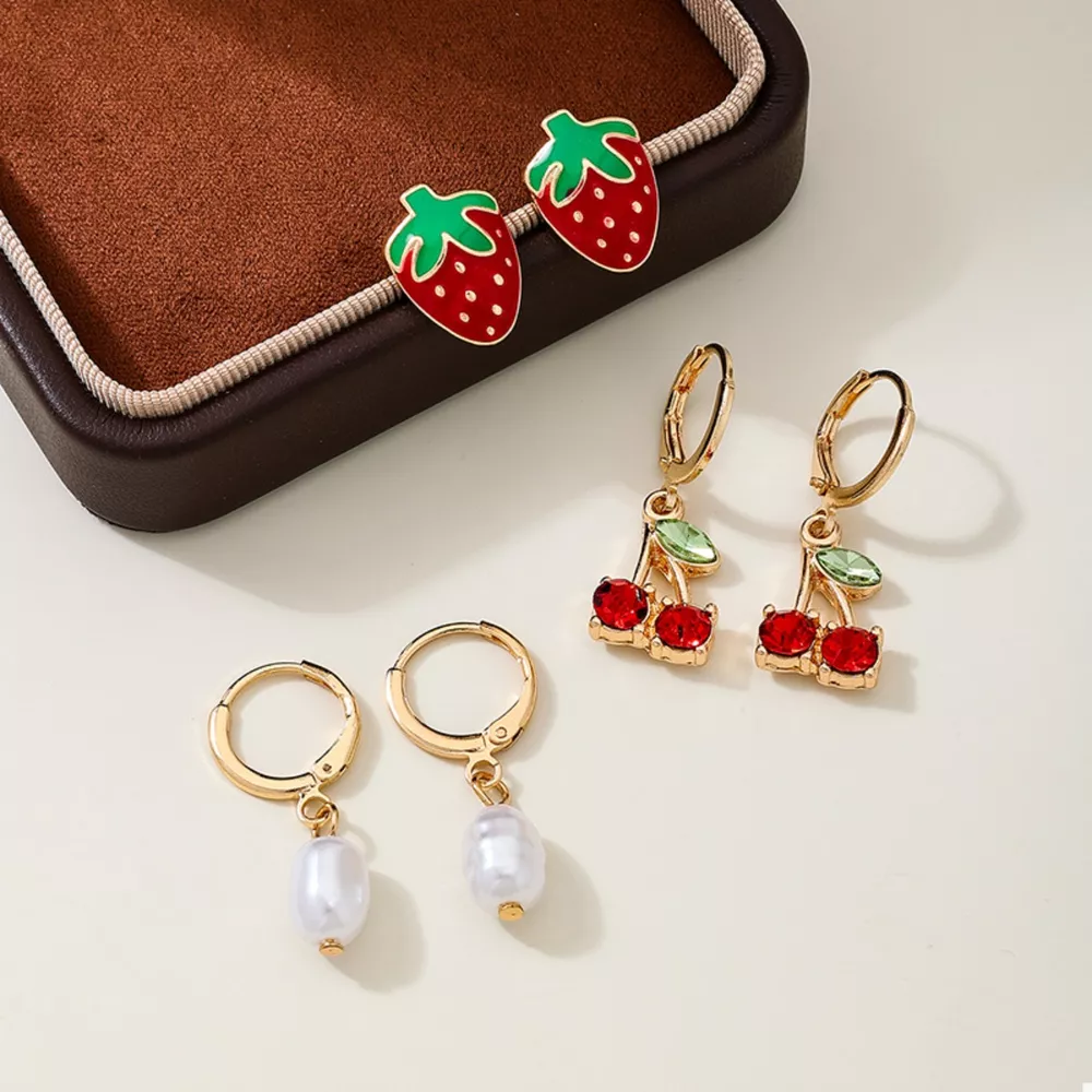 3 Piece 18K Gold-Plated Strawberry Cherry and Pearl Earrings, image 2