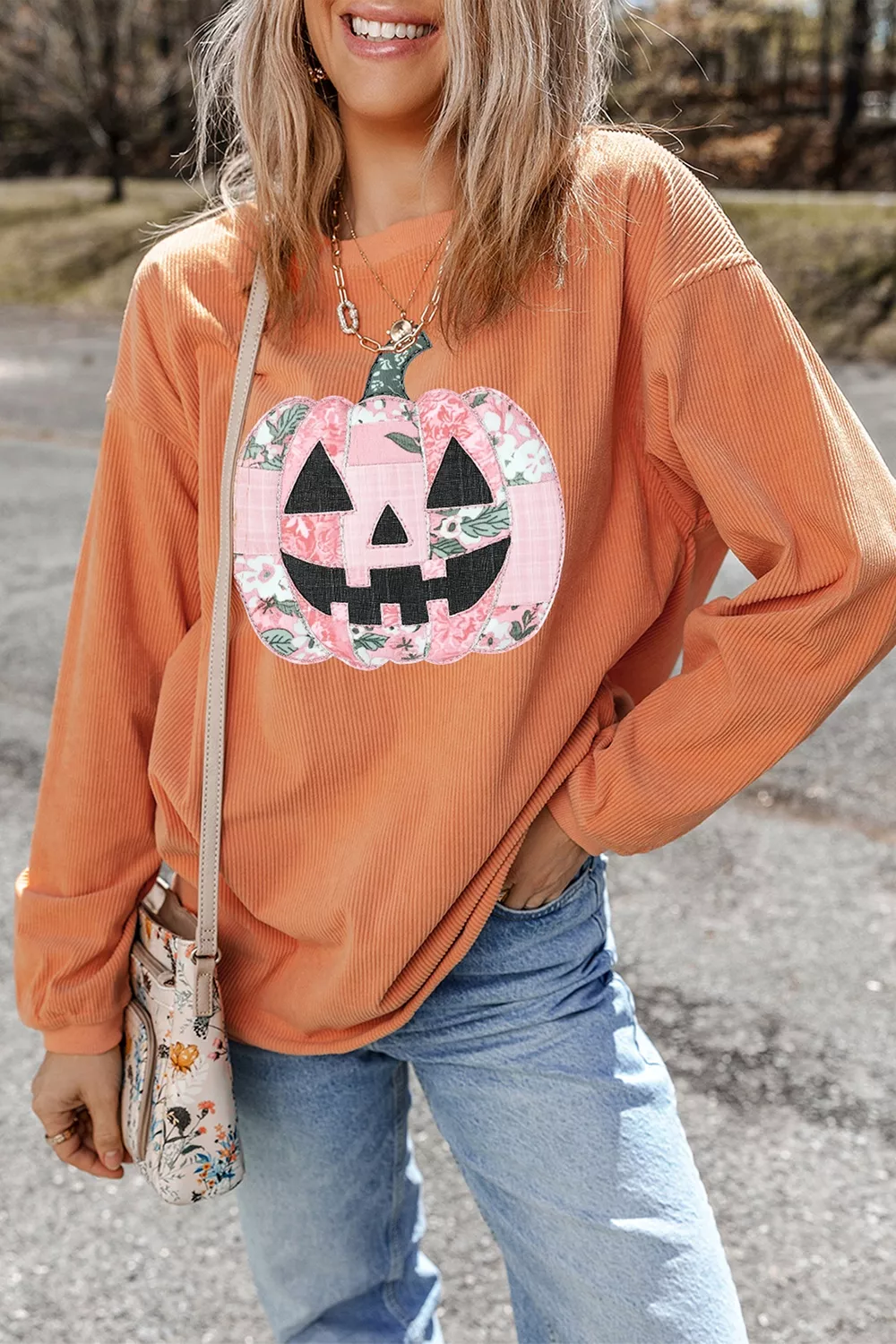 Patchwork Pumpkin Graphic Corded Ribbed Round Neck Tunic Sweatshirt, image 2