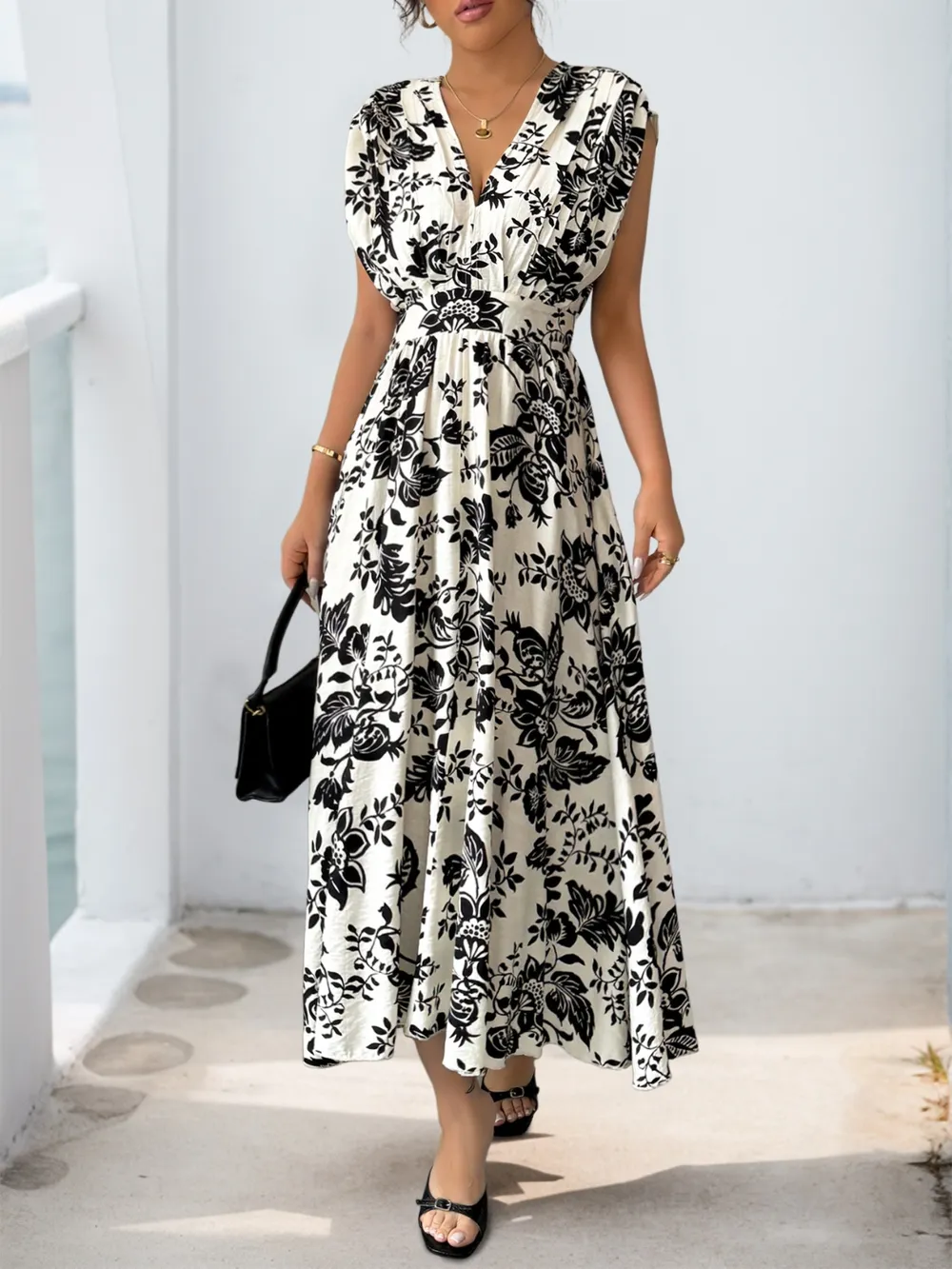Printed V-Neck Cap Sleeve Dress, image 2