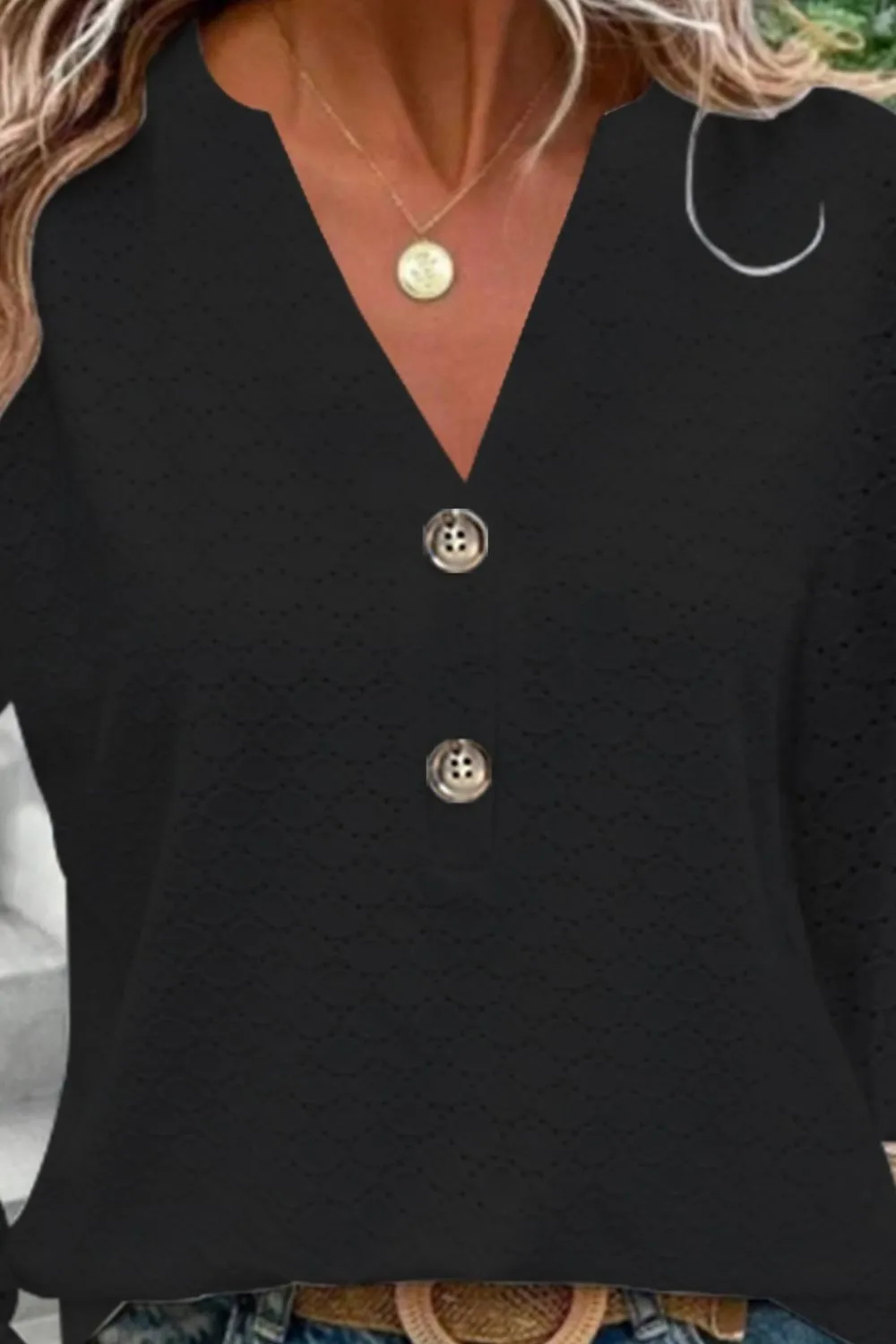 Eyelet Notched Long Sleeve T-Shirt, image 3
