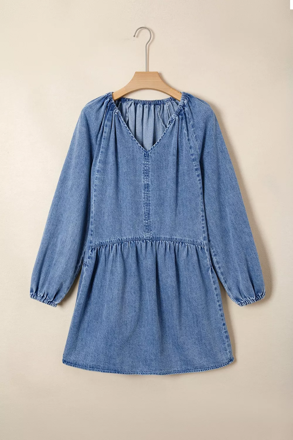 Puff Sleeve V Neck Ruffled Loose Denim Mini Dress, image 8