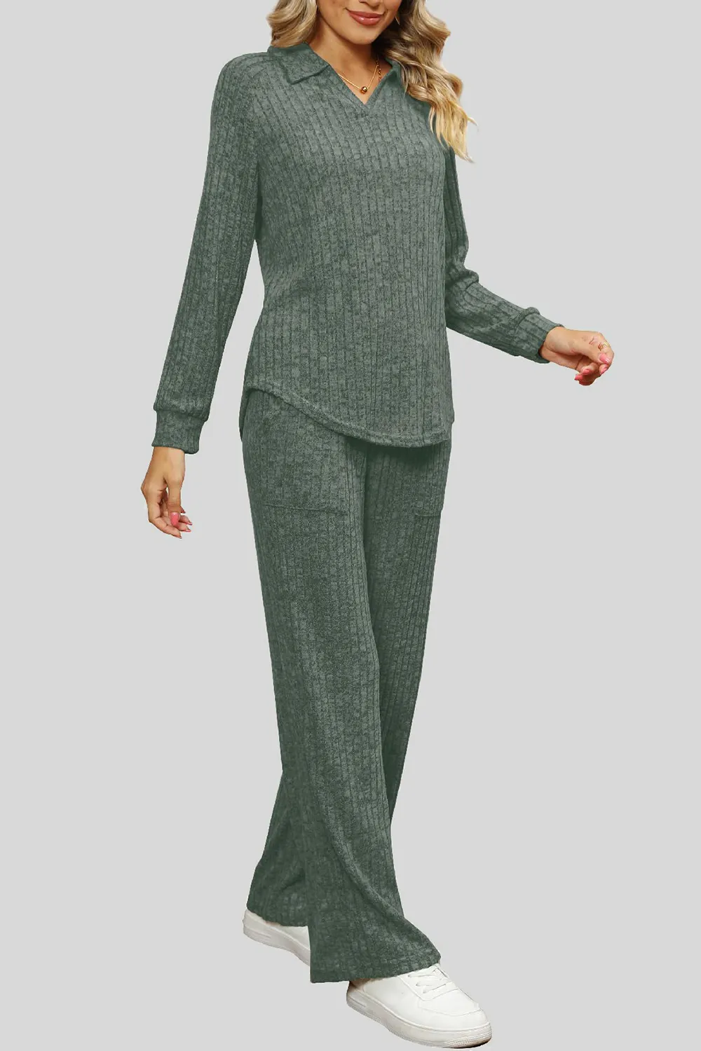 Ribbed Long Sleeve Top and Pocketed Pants Set, image 24