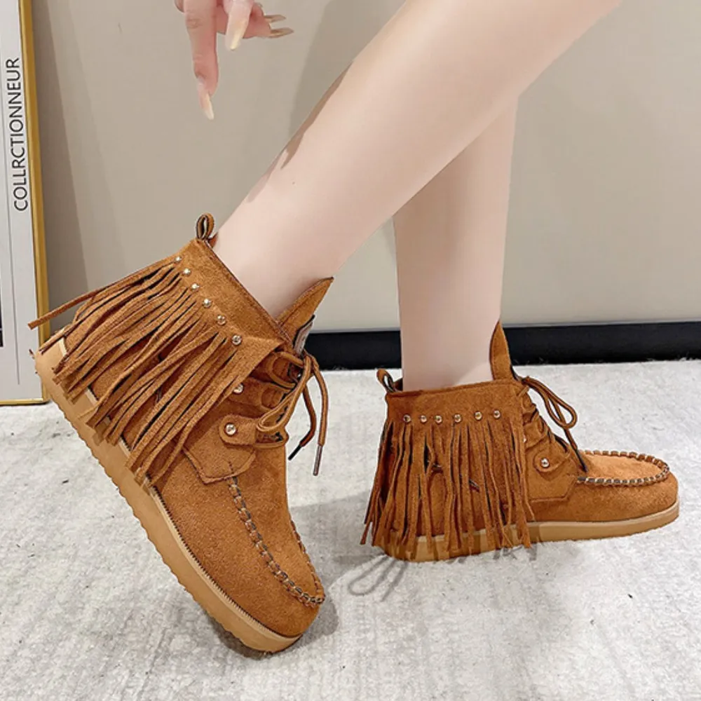 Fringe Studded Round Toe Canvas Boots, image 12
