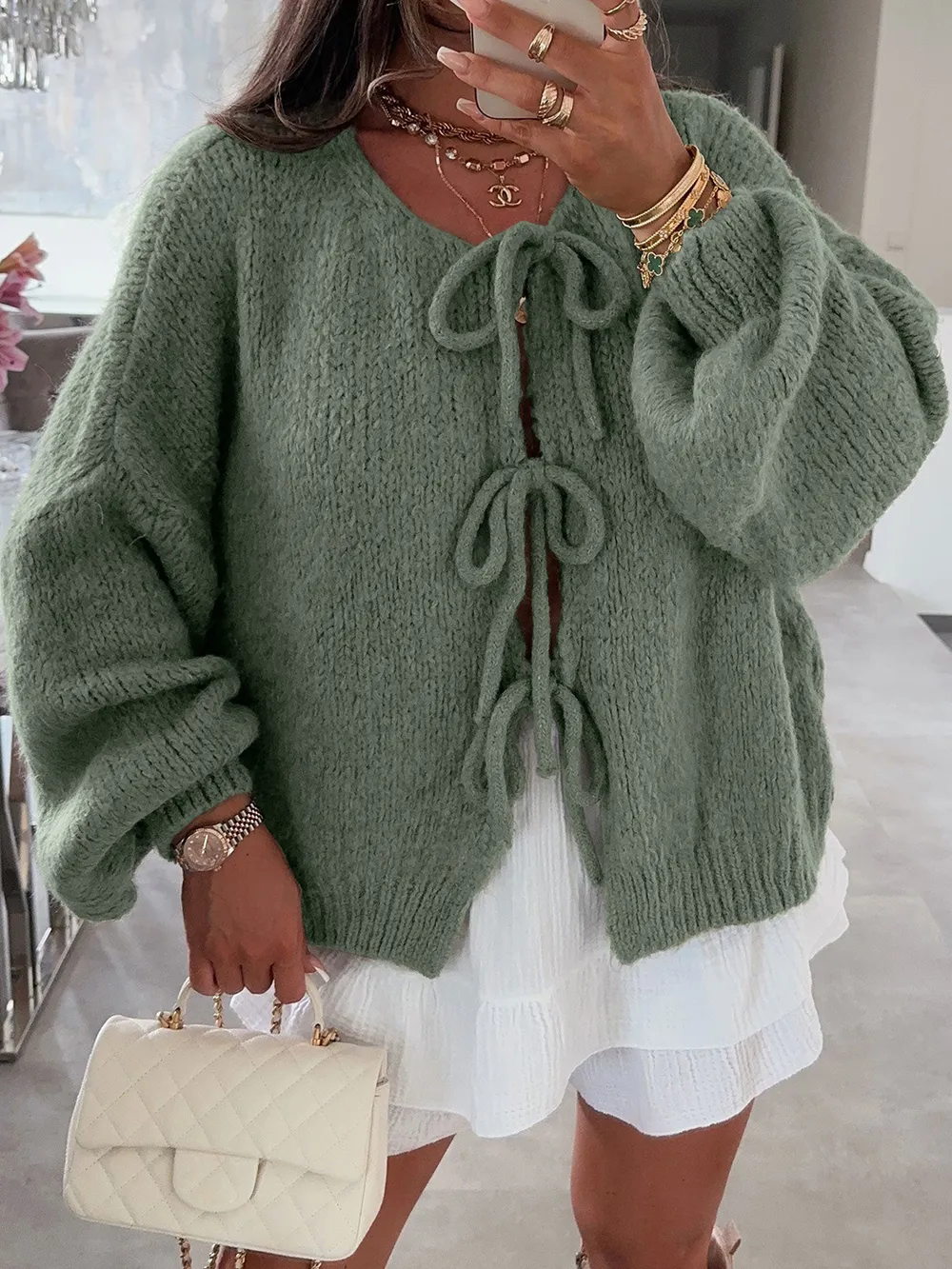 Tied Long Sleeve Dropped Shoulder Cardigan, image 7