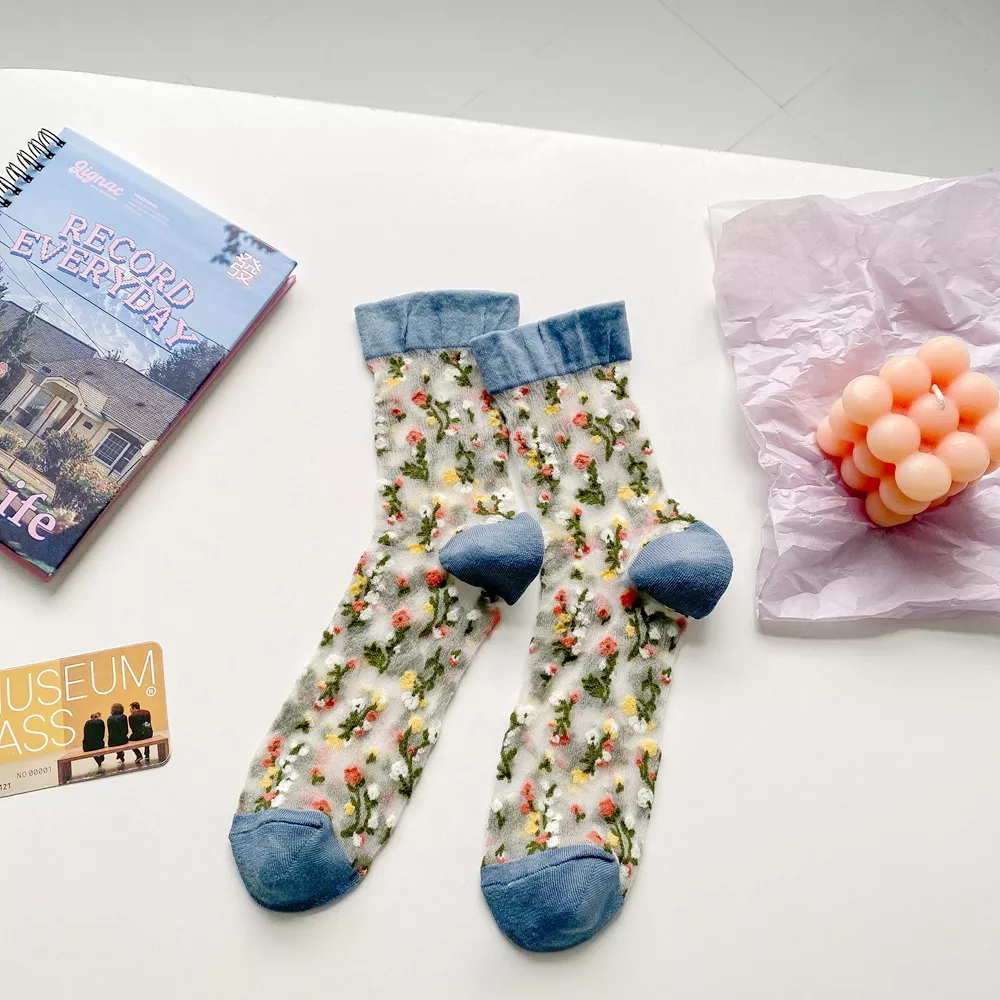 Floral Sheer Crew Socks 5 Pair Set, image 8