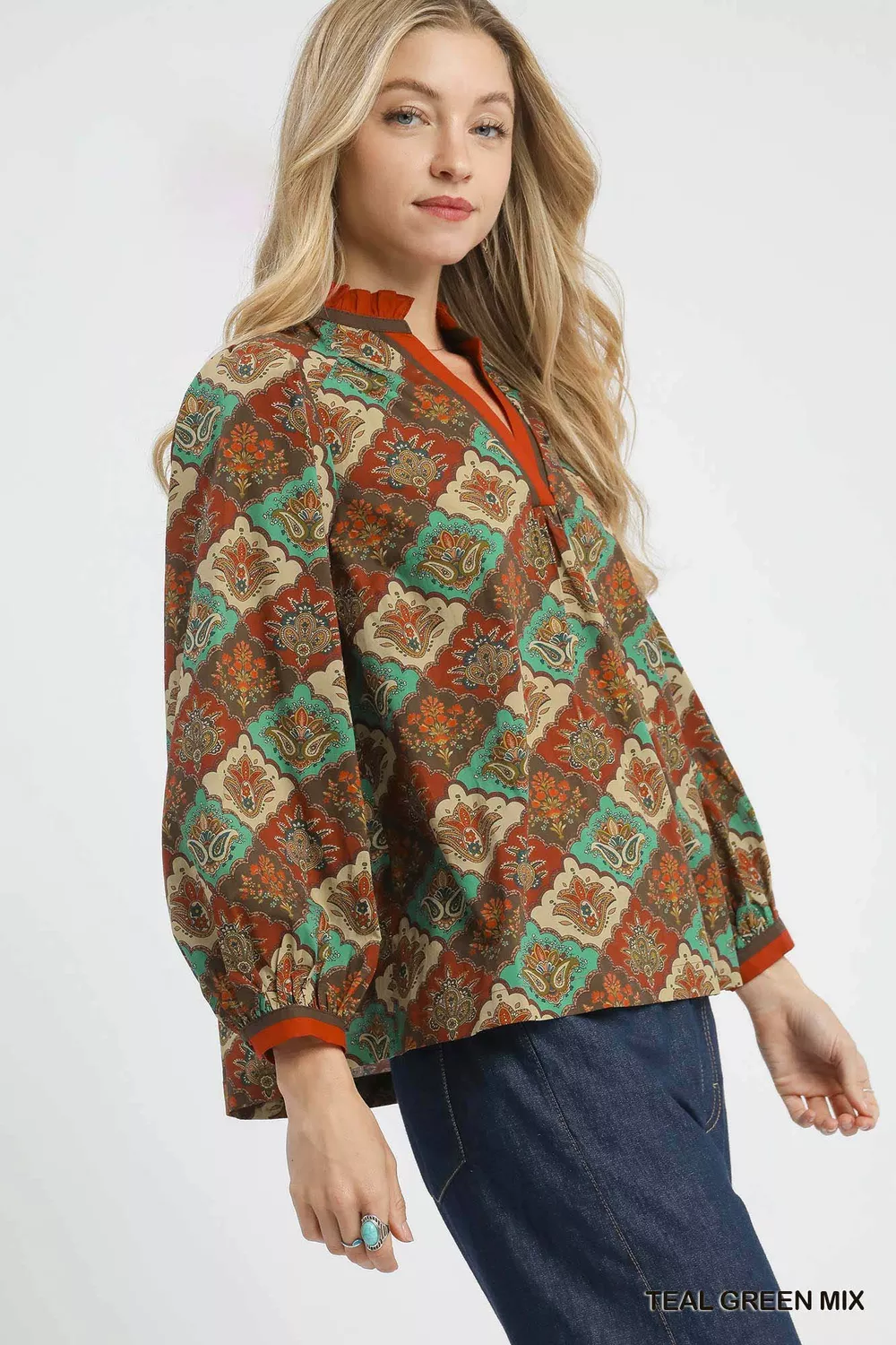 Abstract Print Ruffle Neck Top, image 2