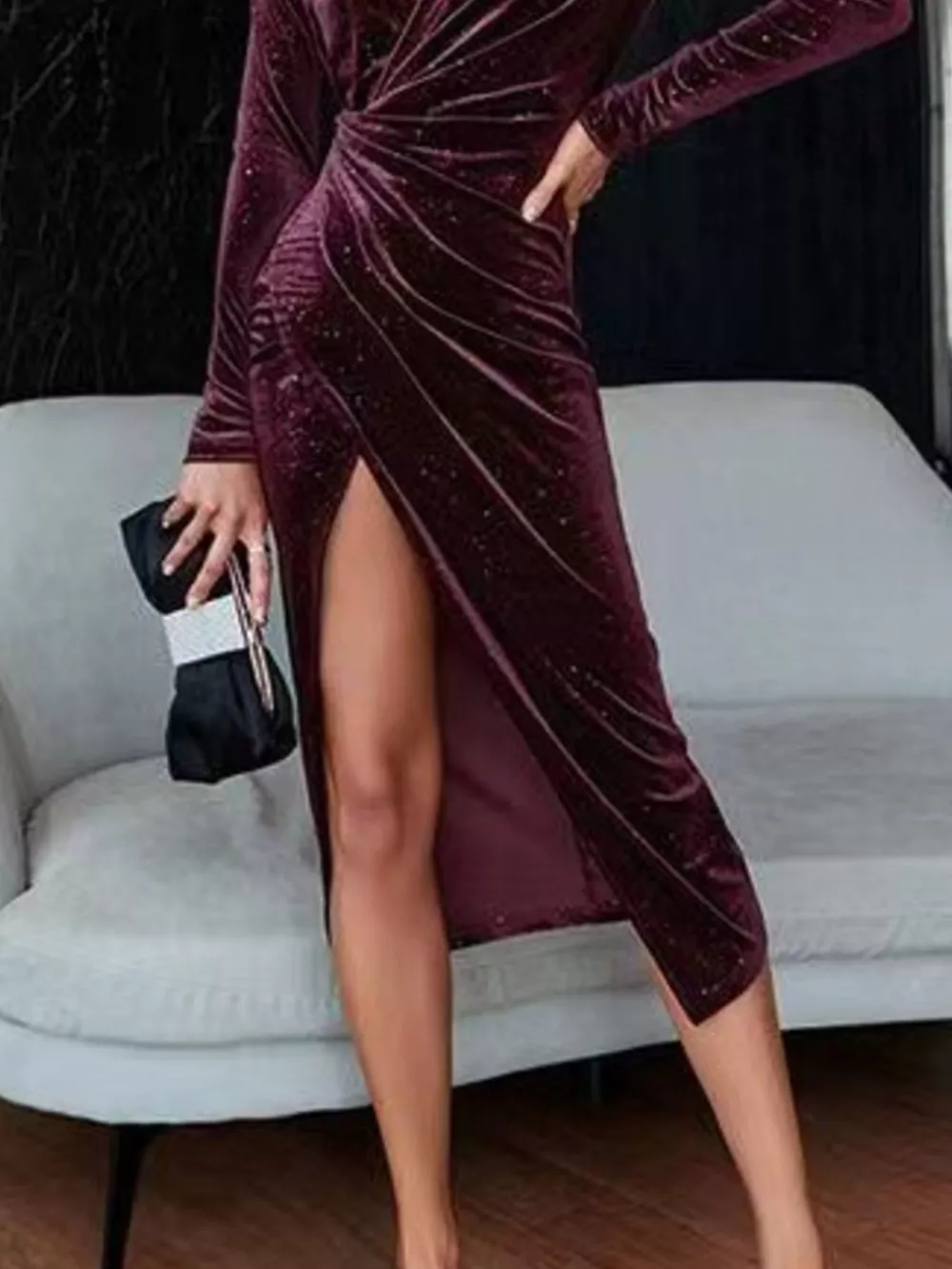 Velvet Ruched Slit Midi Dress, image 15
