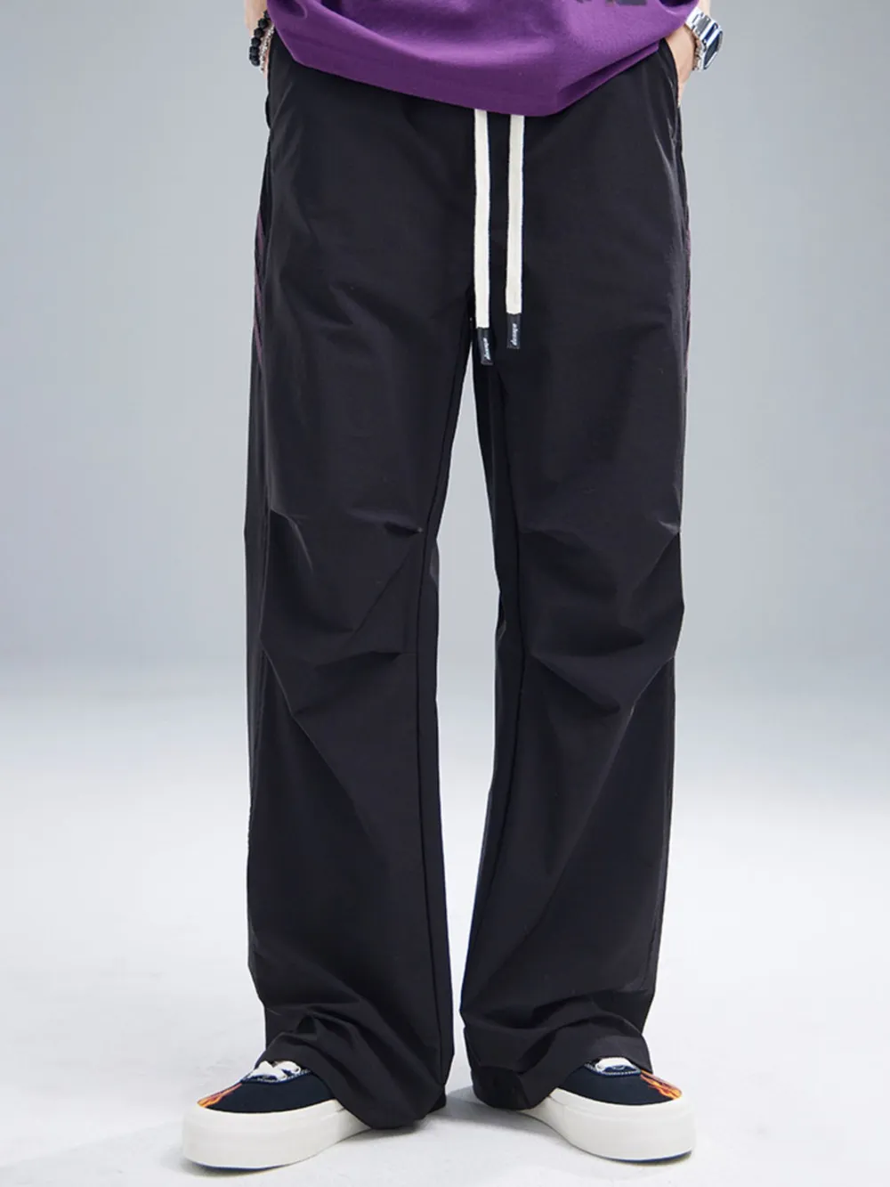 Men's Drawstring Ruched Pants with Side Stripes, image 2
