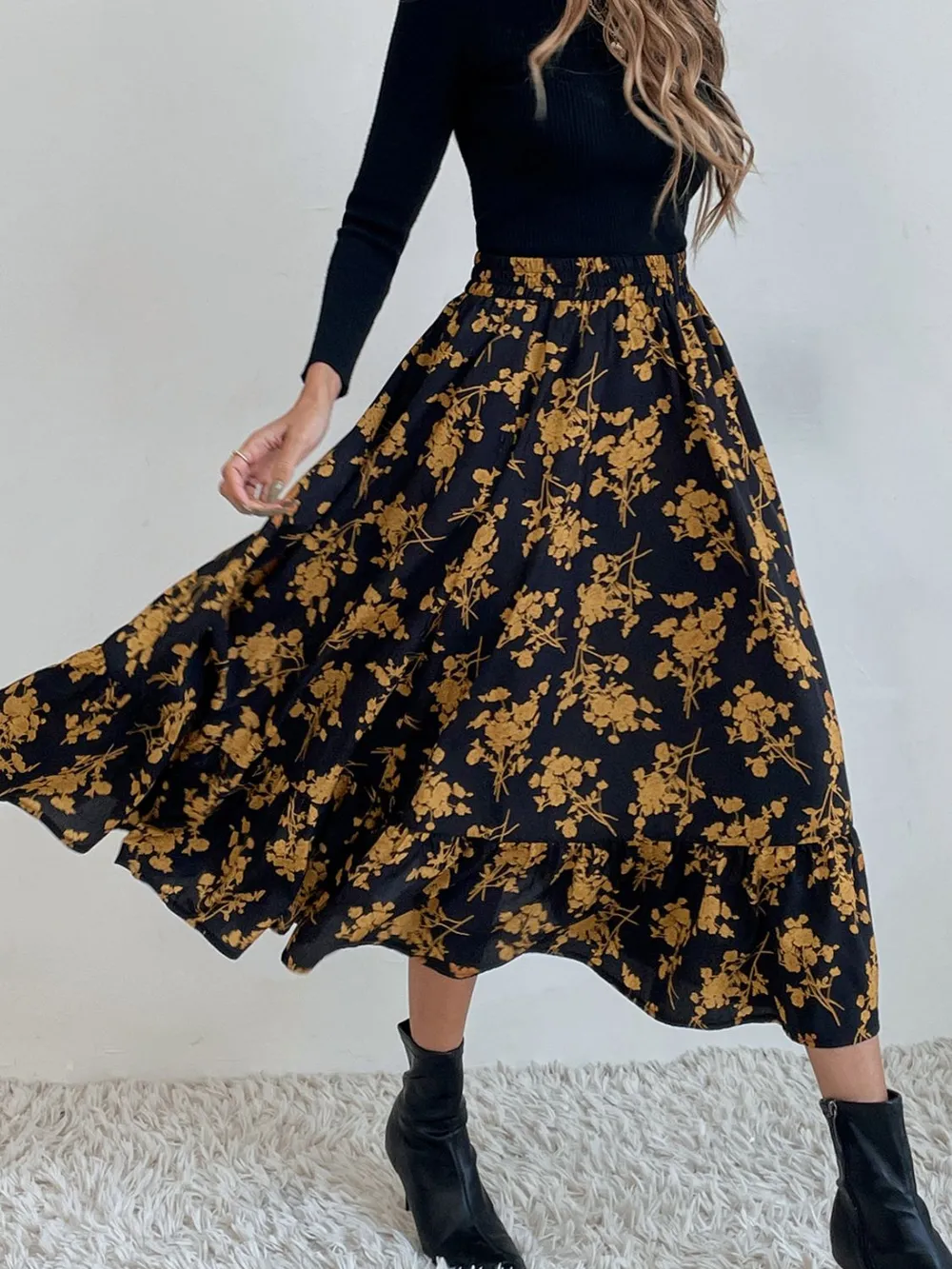 Printed Elastic Waist Midi Skirt, image 5