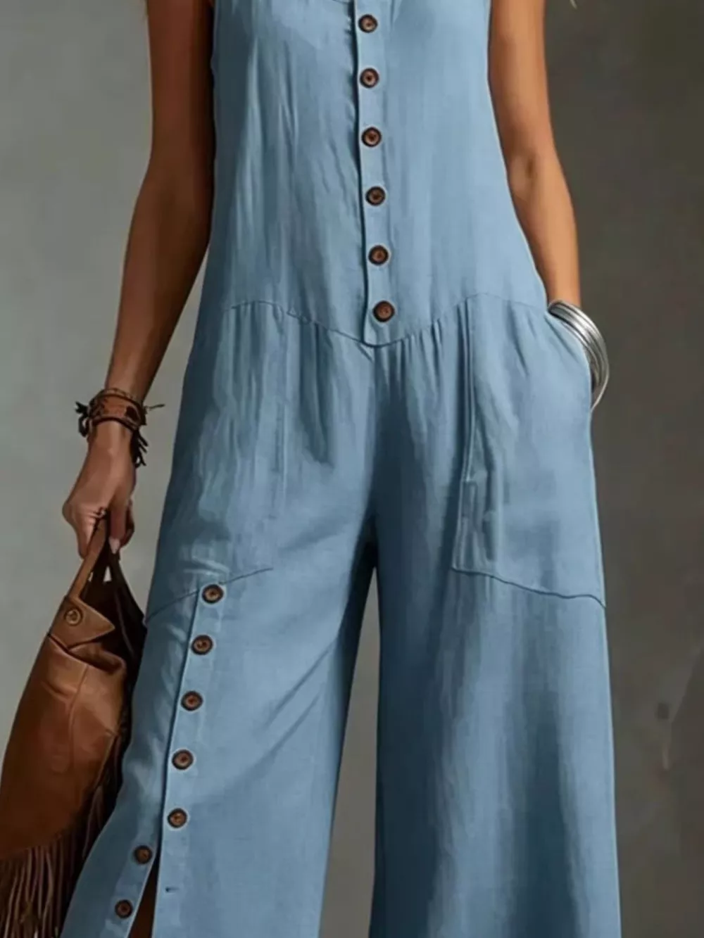 Full Size Sleeveless Button-Down Wide-Leg Jumpsuit Plus Size, image 2