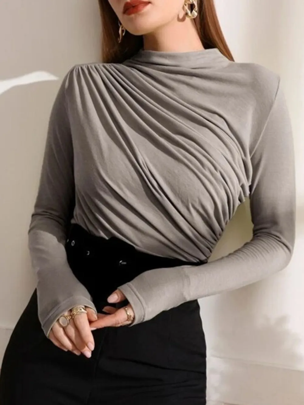 Mock Neck Ruched Long Sleeve T-Shirt, image 12