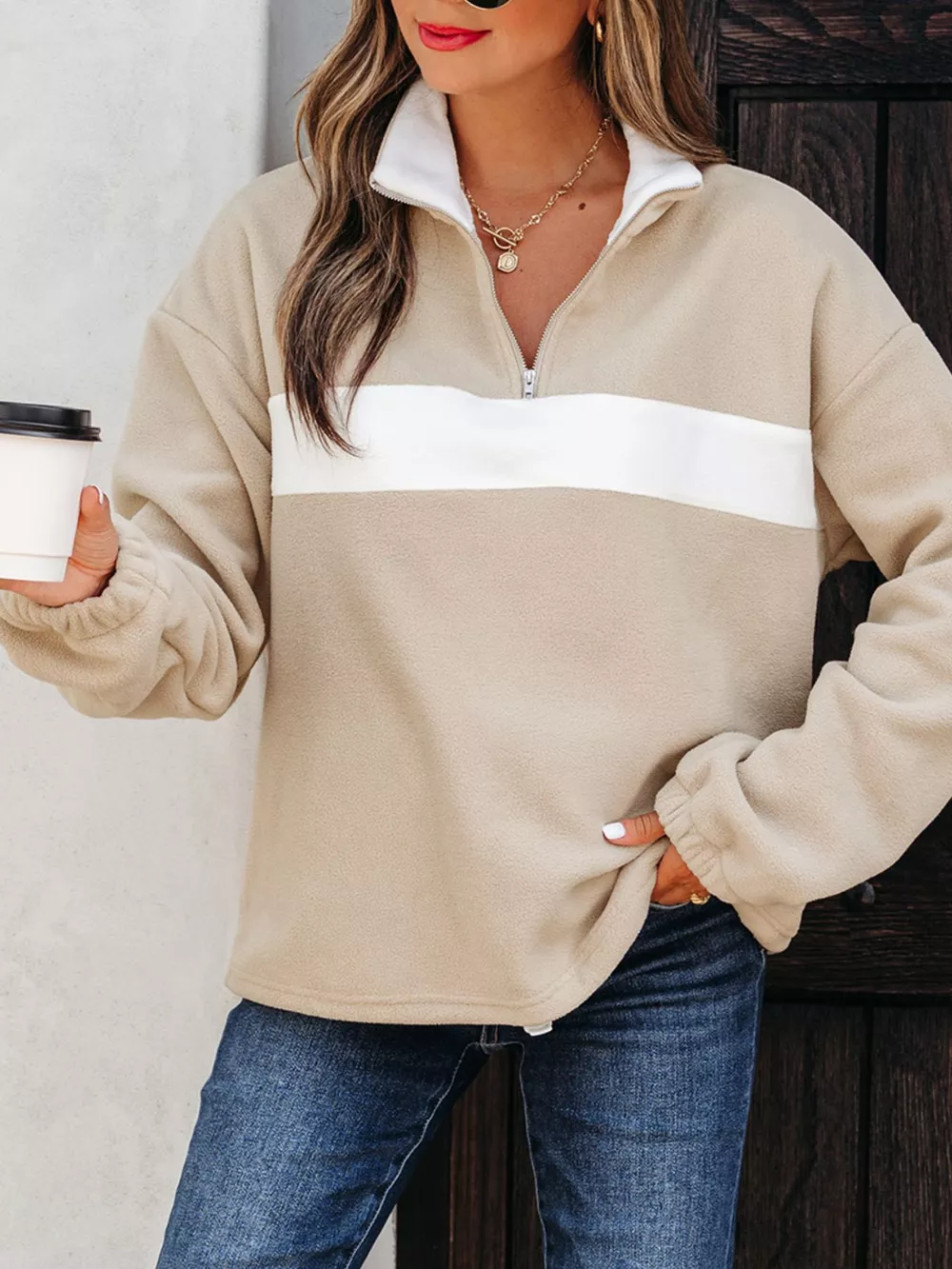 Fleece Colorblock Patchwork Zipped Neck Pullover Sweatshirt, image 2
