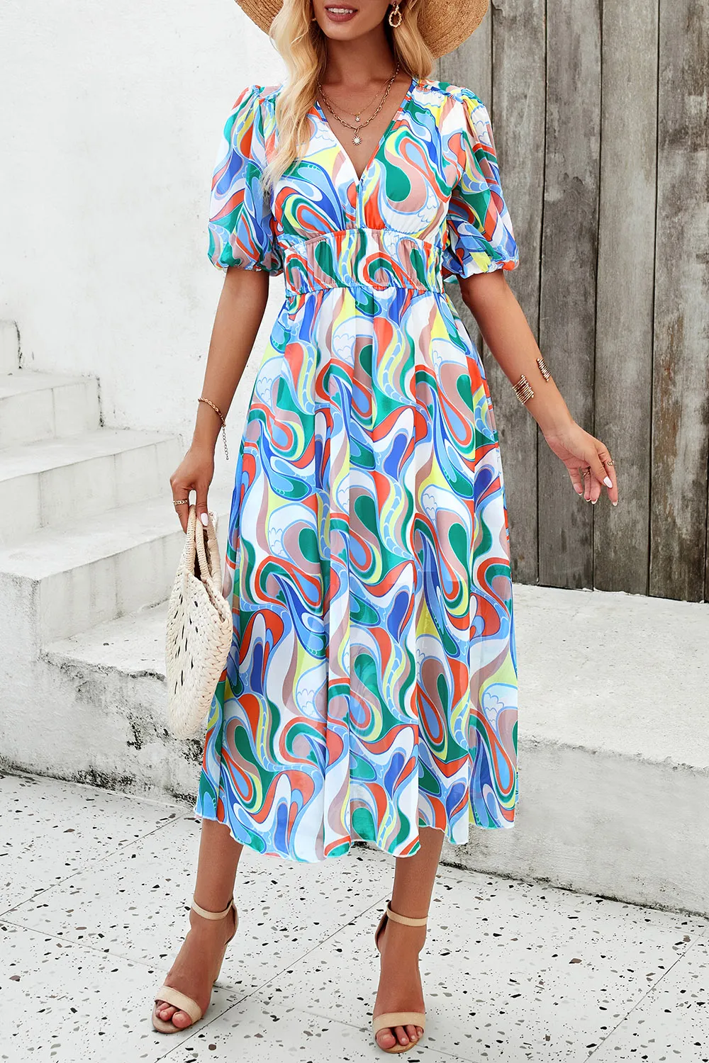 Smocked Printed V-Neck Short Sleeve Dress, image 11