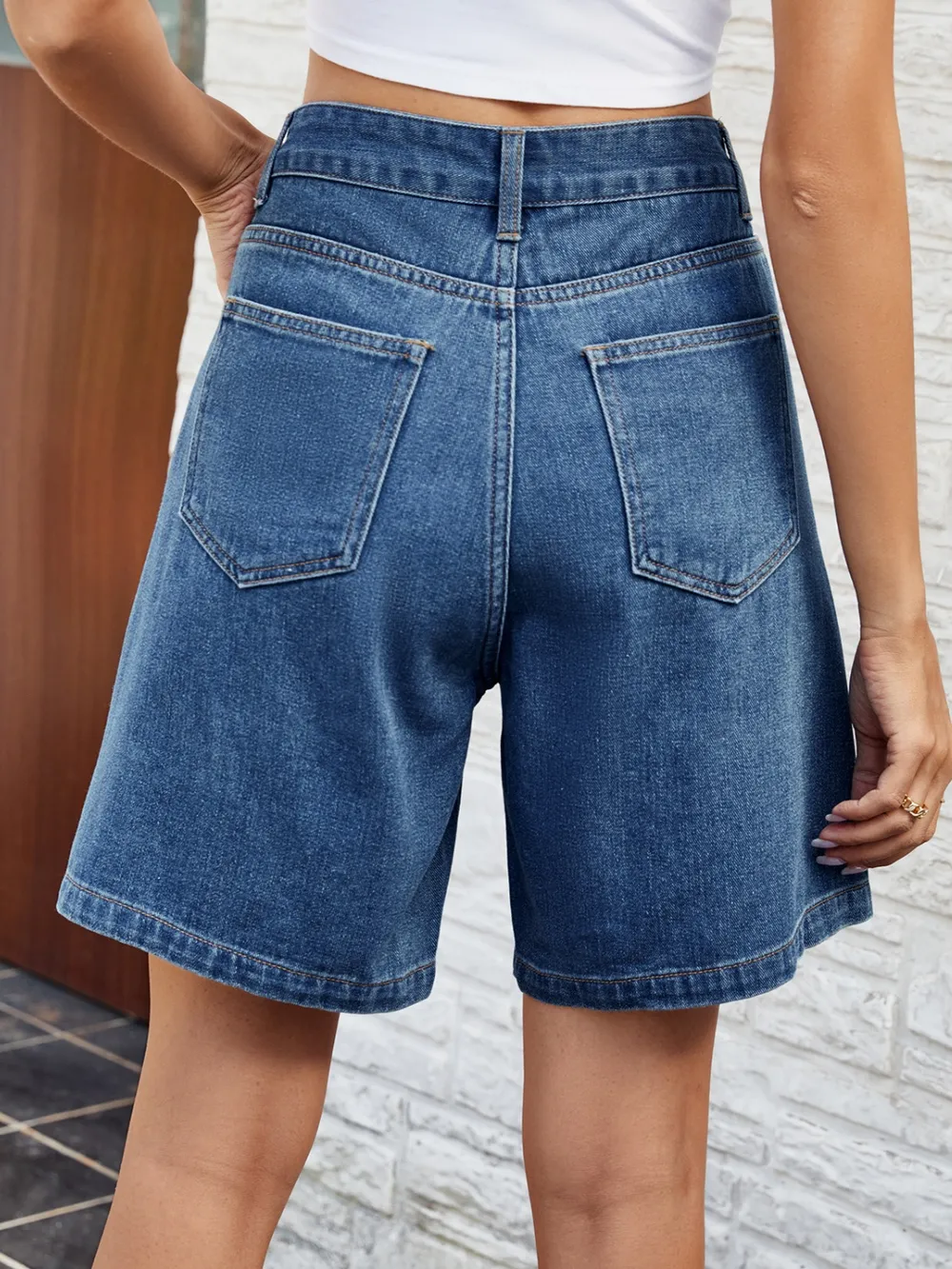 High Waist Denim Shorts with Pockets, image 3