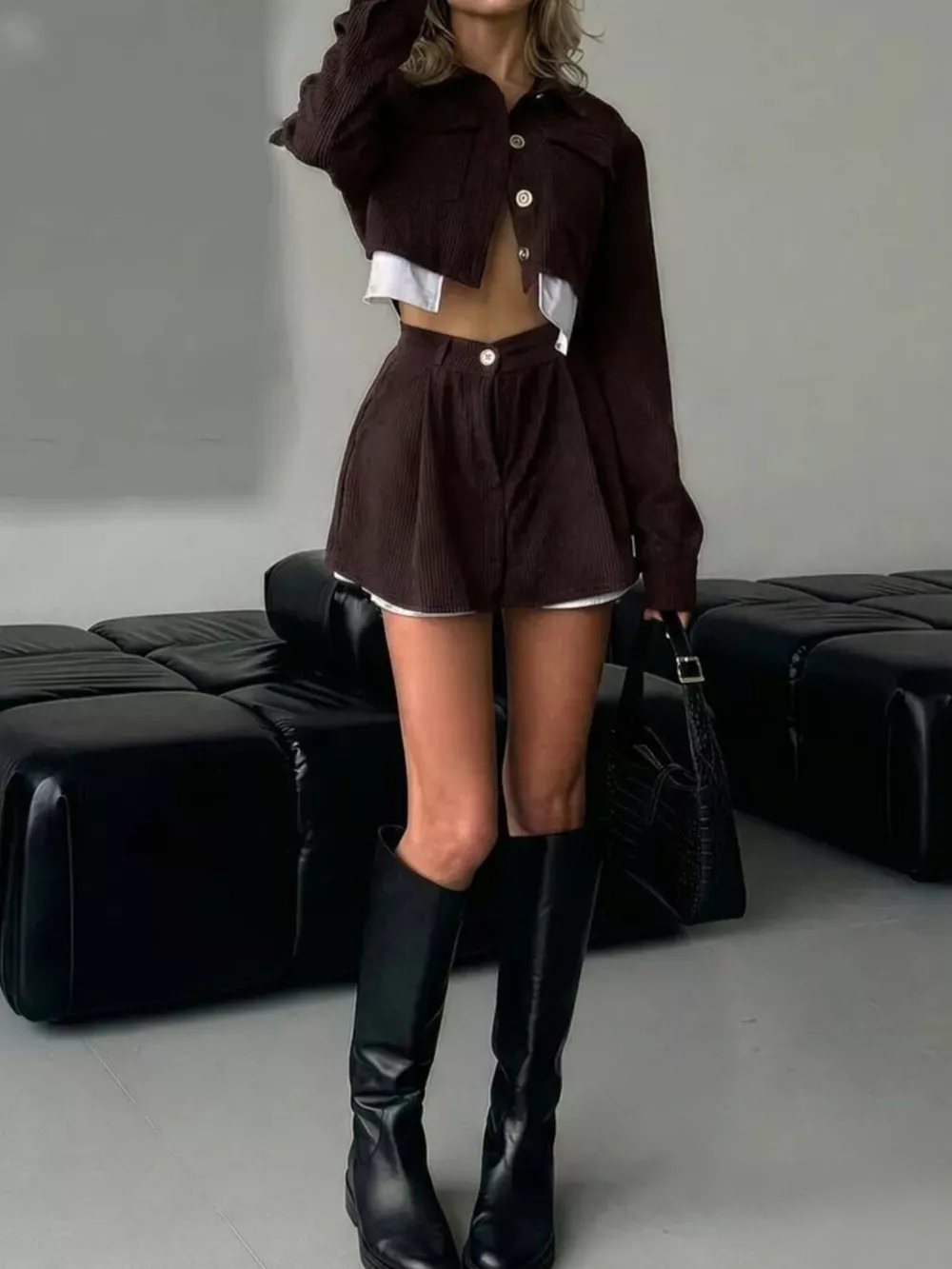 Button Up Cropped Jacket and Mini Skirt Set