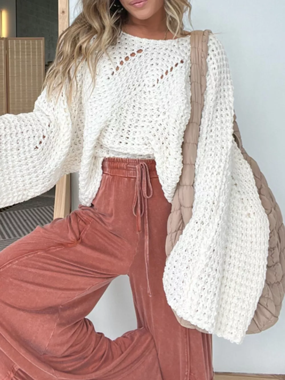 Openwork Batwing Sleeve Sweater, image 2