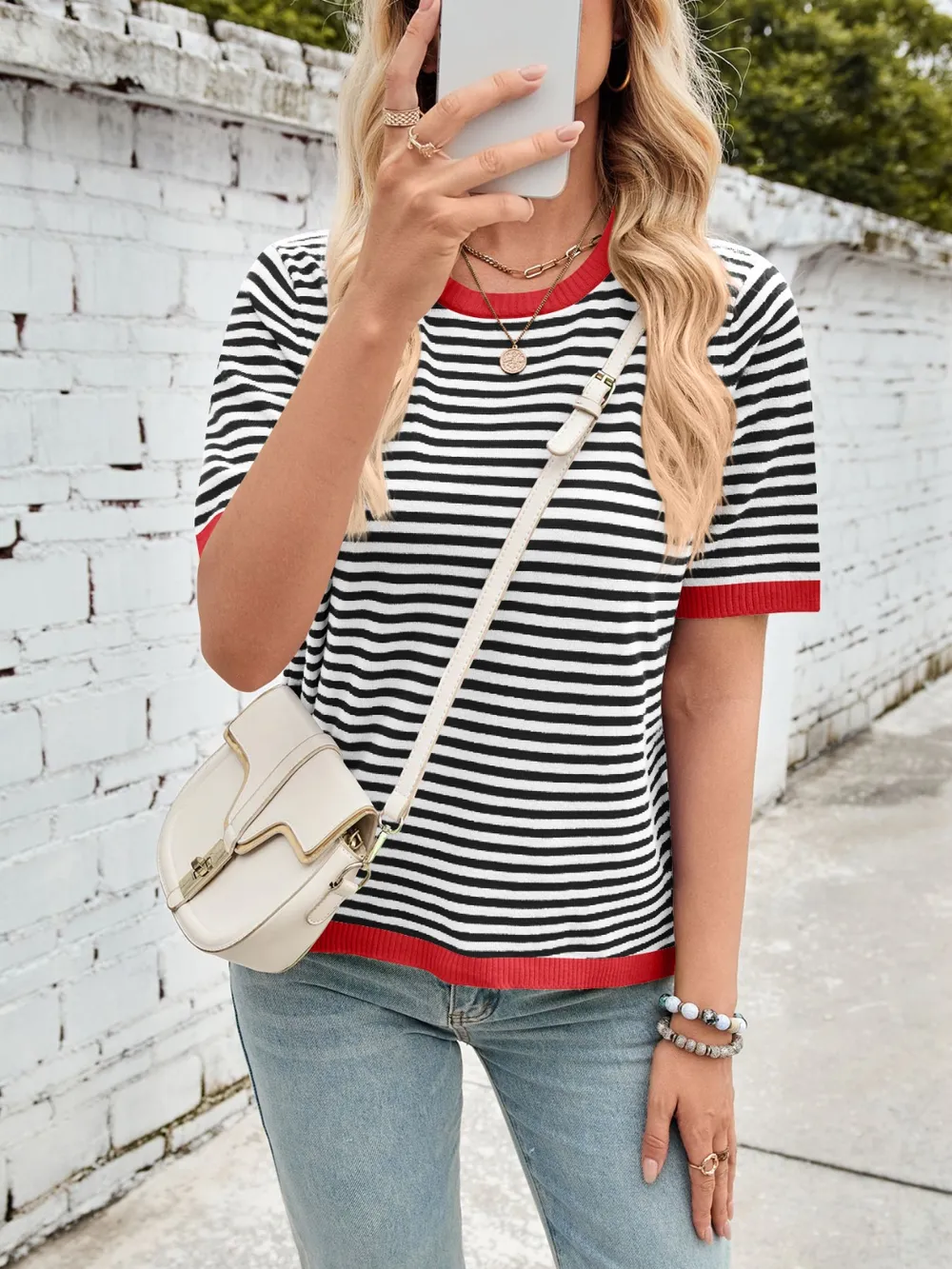 Striped Contrast Round Neck Half Sleeve Knit Top, image 19