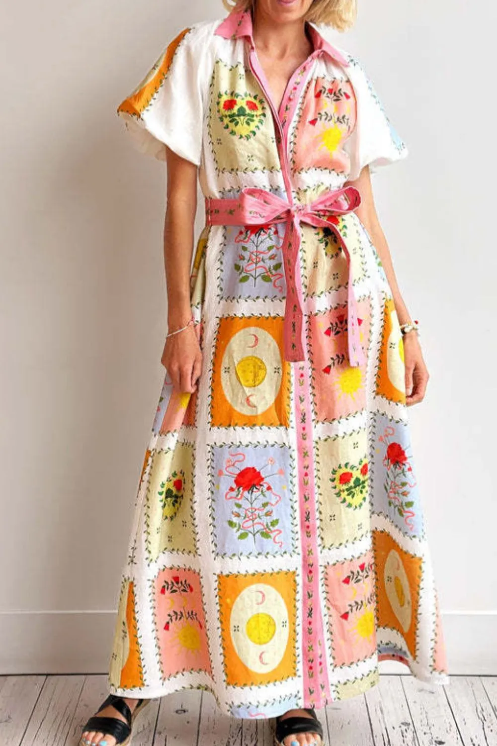 Printed Short Sleeve Belted Maxi Dress, image 2
