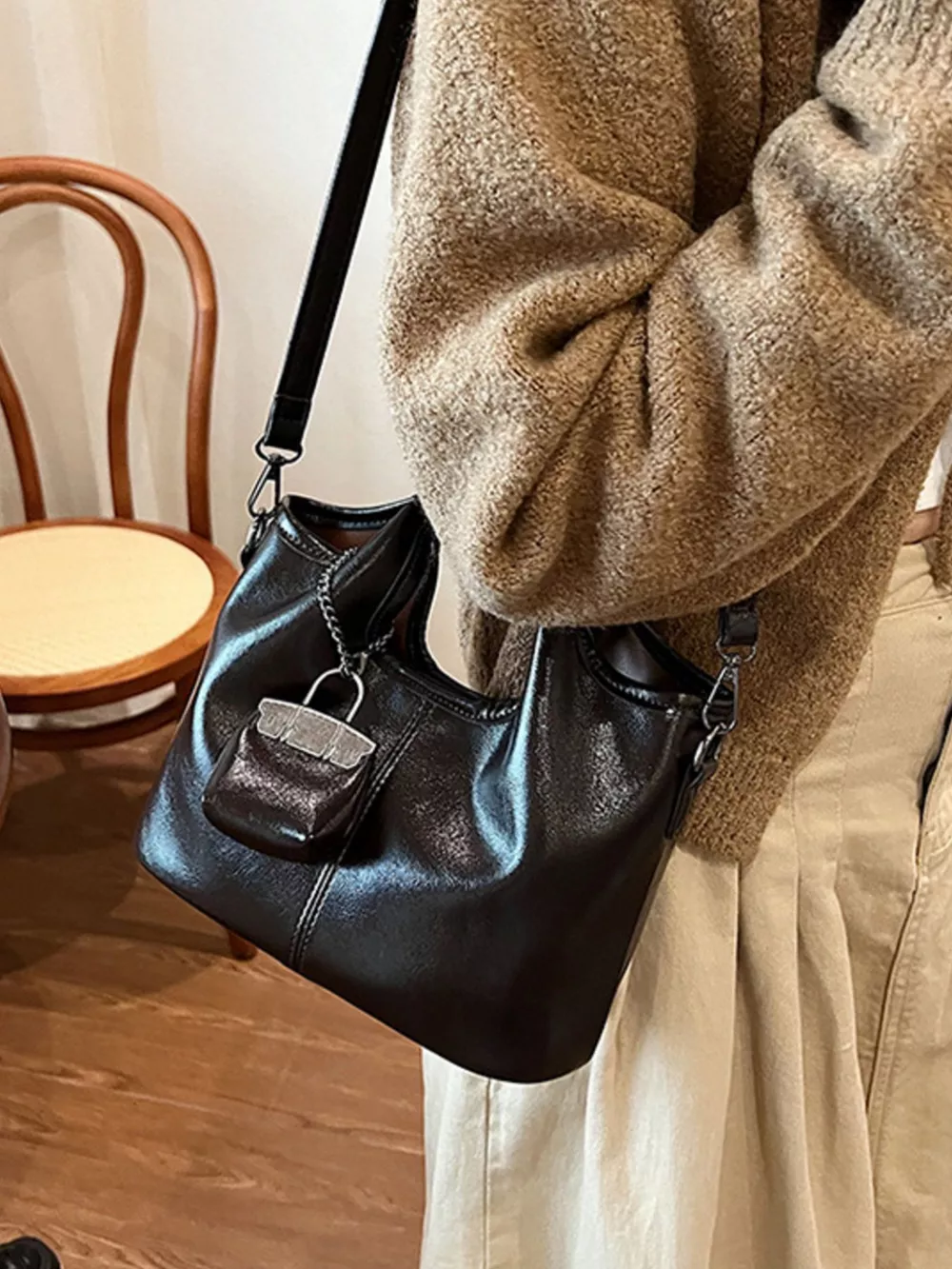 Leather Crossbody Bag with Charm, image 3