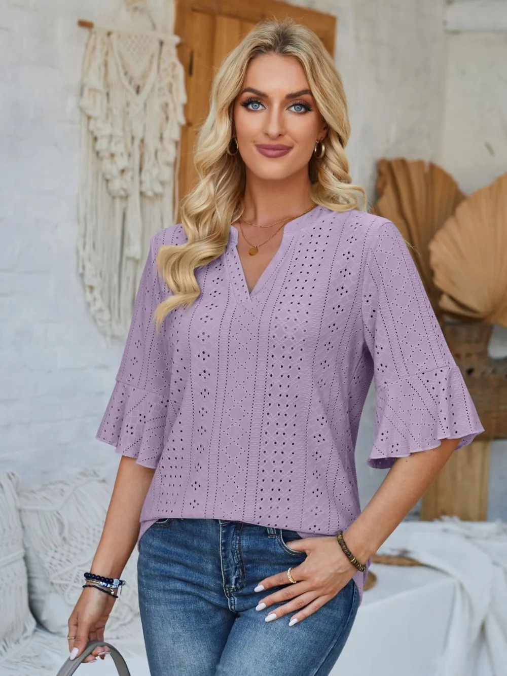 Eyelet Notched Half Sleeve T-Shirt, image 20
