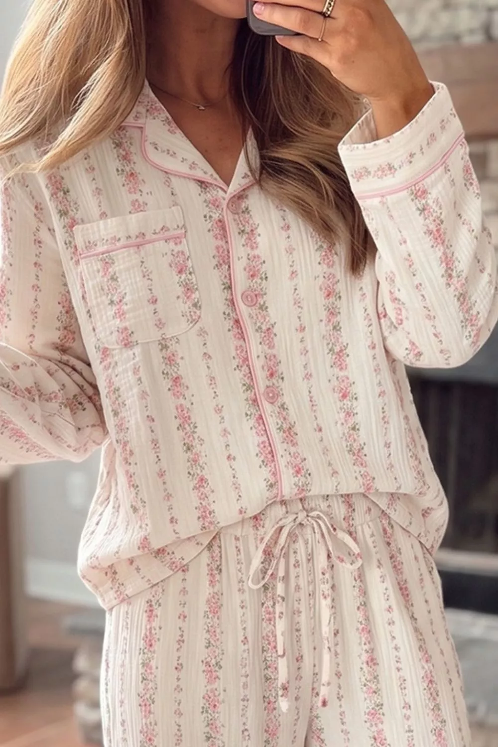 Floral Print Button-Down Top and Pants Loungewear Set, image 3