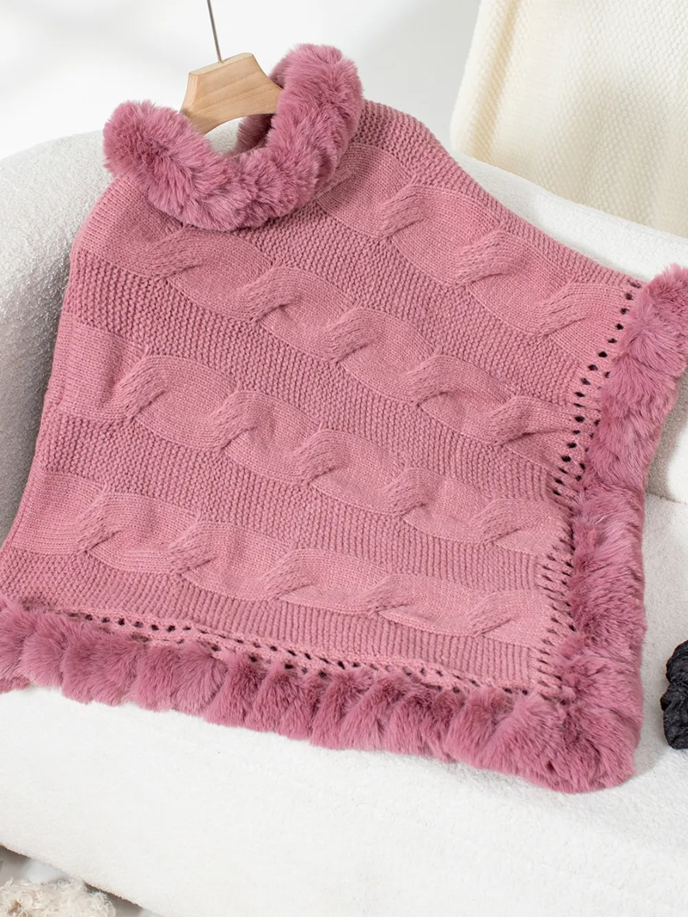Fuzzy Hem Cable-Knit Poncho, image 12