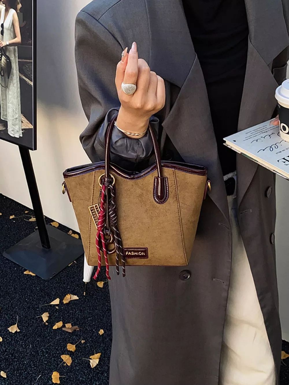 Suede Leather Strap Tote Bag, image 8