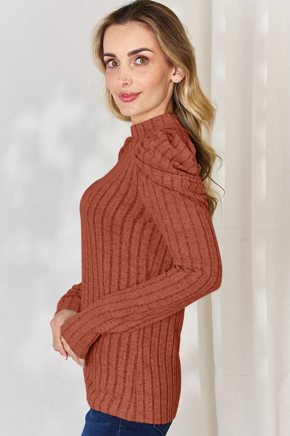 Full Size Ribbed Mock Neck Puff Sleeve T-Shirt, image 9