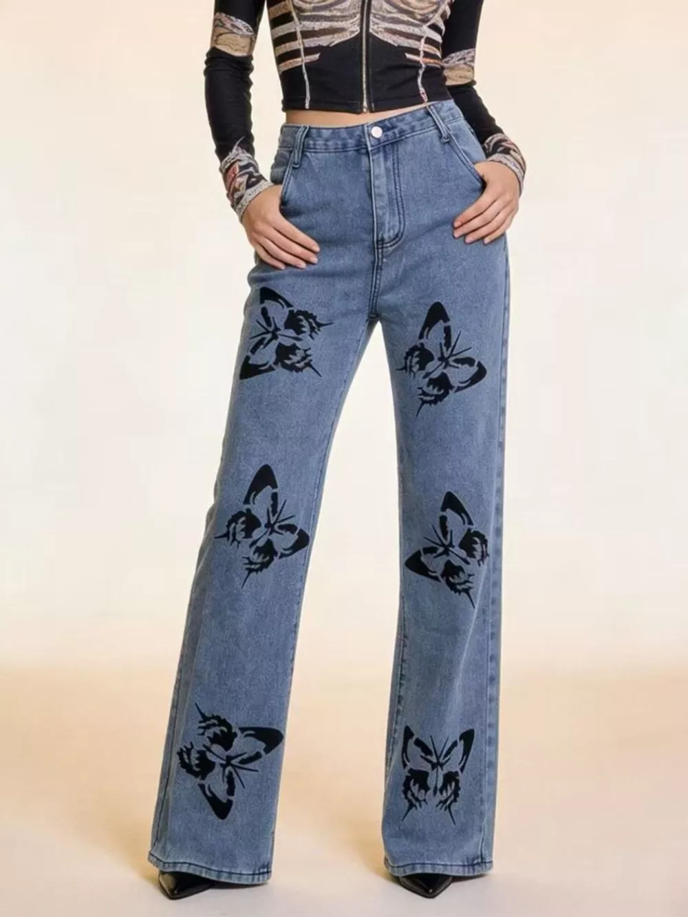 Butterfly Print High-Waisted Wide Leg Jeans, image 3