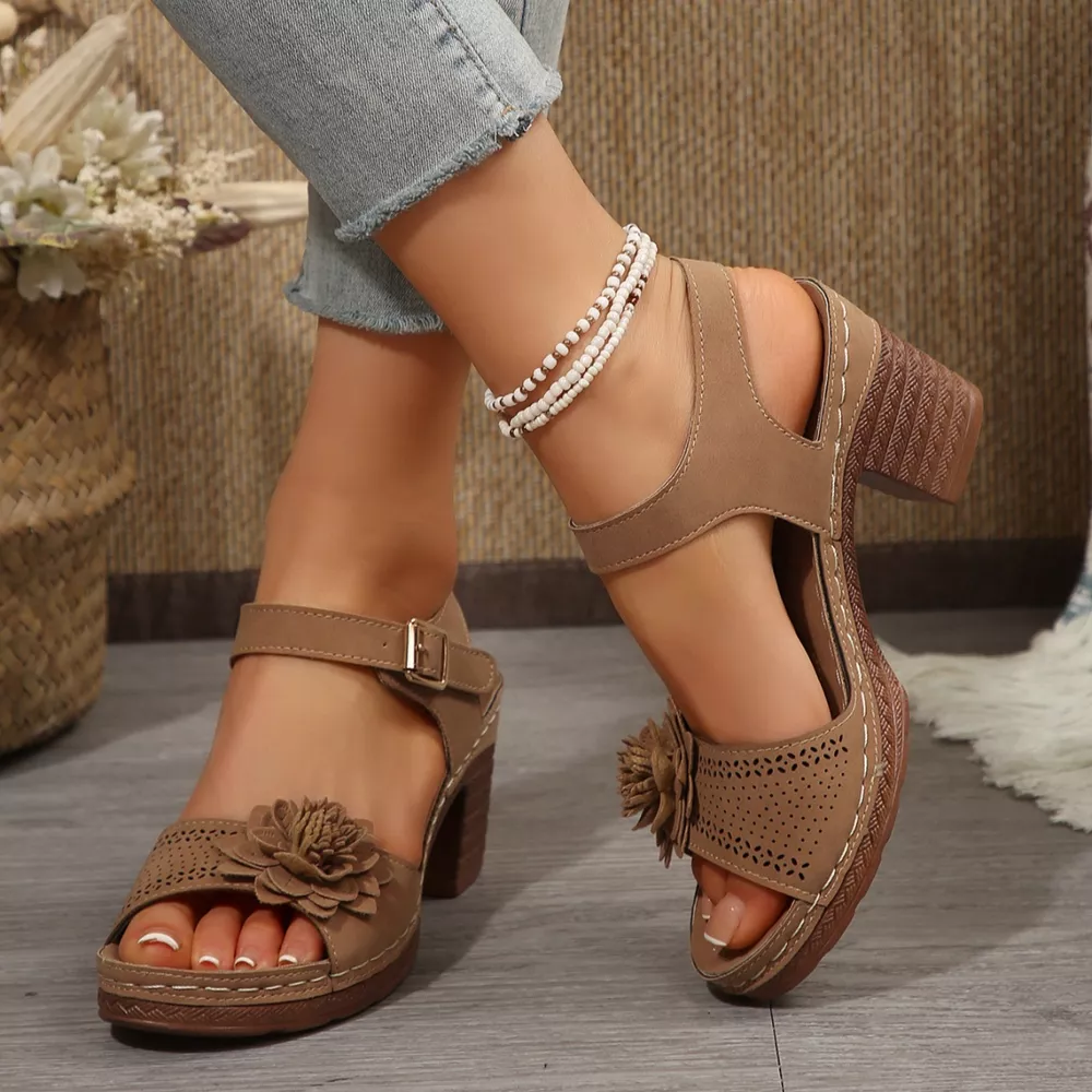 Floral Decor Buckle Ankle Strap Block Heel Sandals, image 2