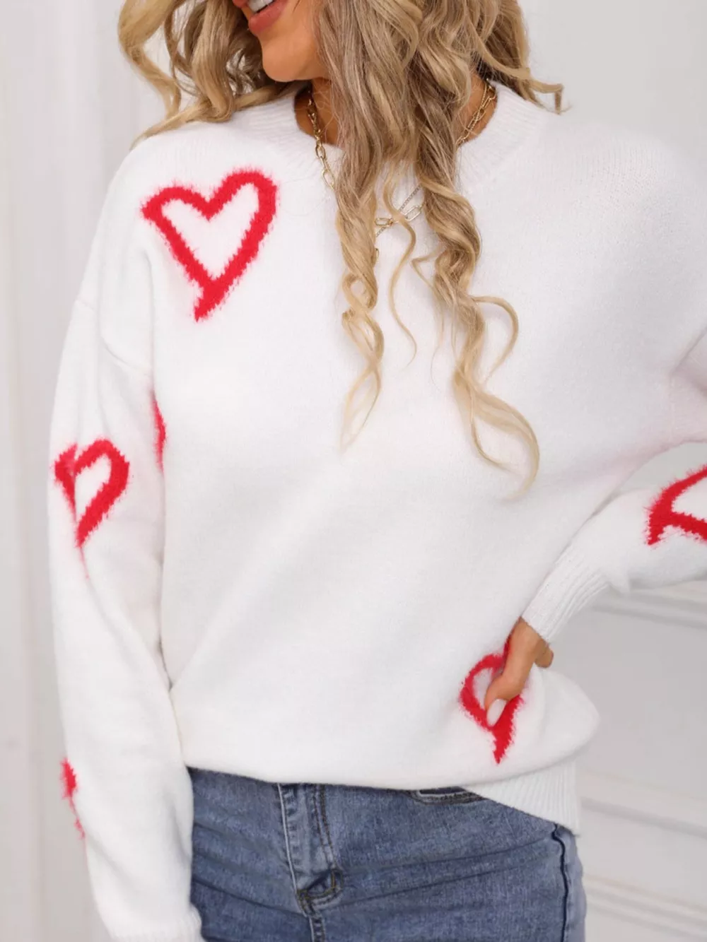 Valentine's Day Heart Print Crew Neck Sweater, image 11