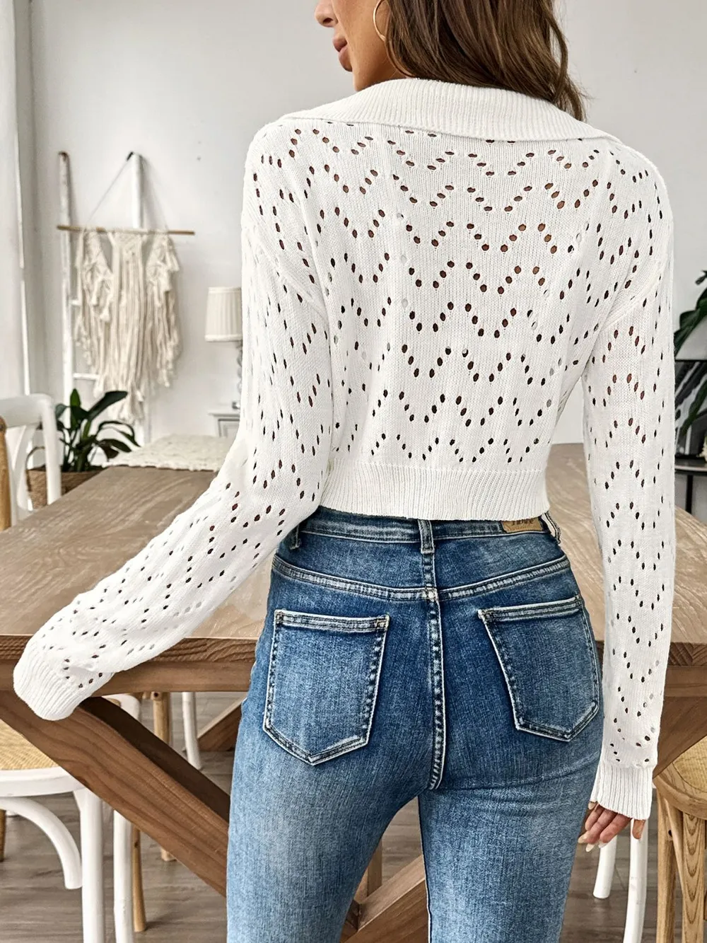 Openwork Collared Neck Long Sleeve Knit Top, image 7