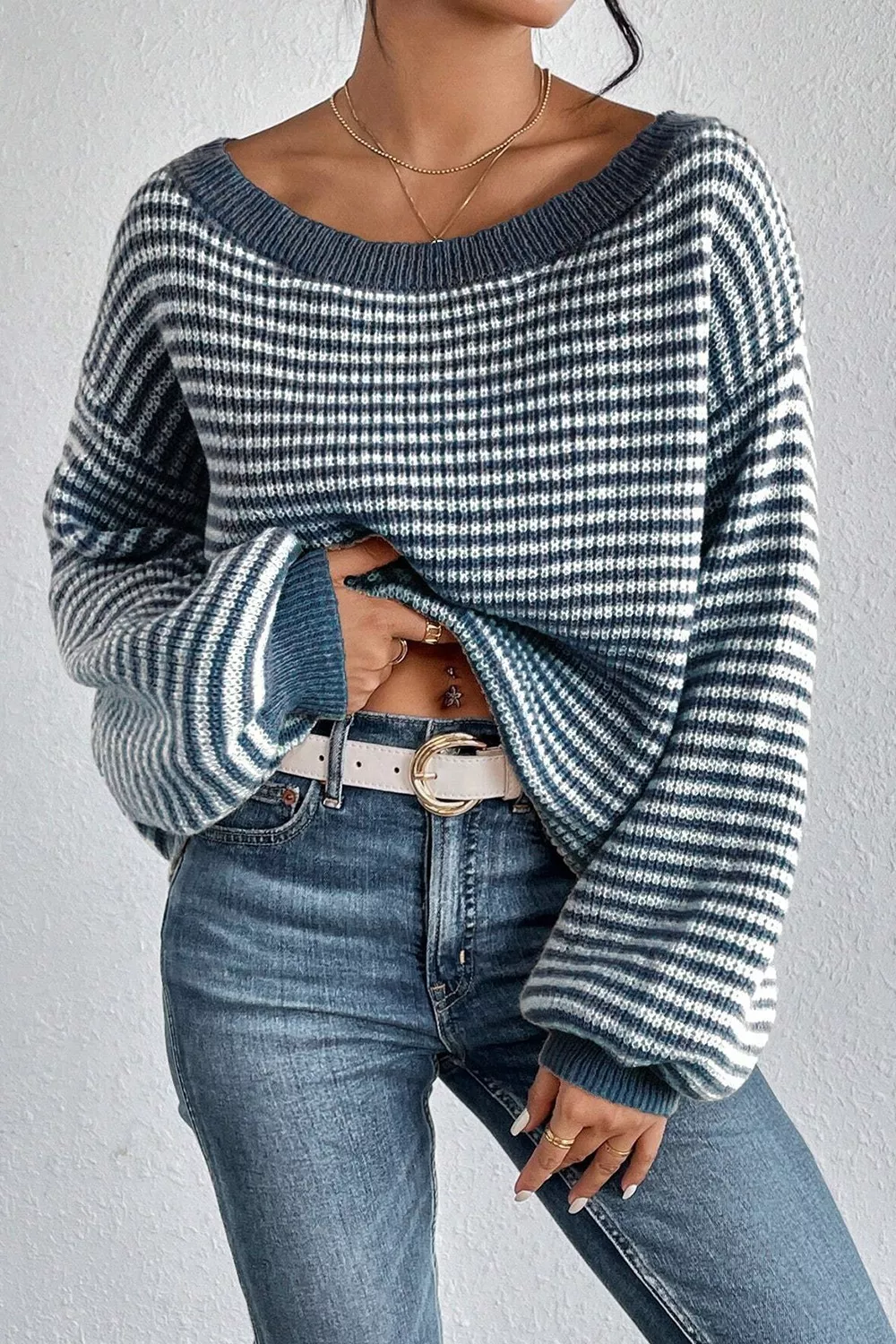 Striped Lantern Sleeve Drop Shoulder Cozy Sweater, image 2