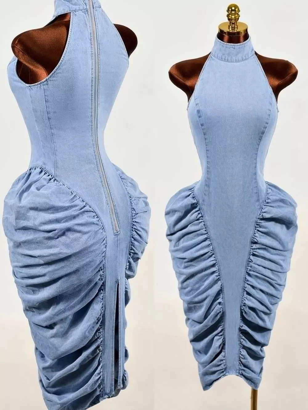 Sleeveless Mock Neck Ruched Bodycon Denim Dress, image 6