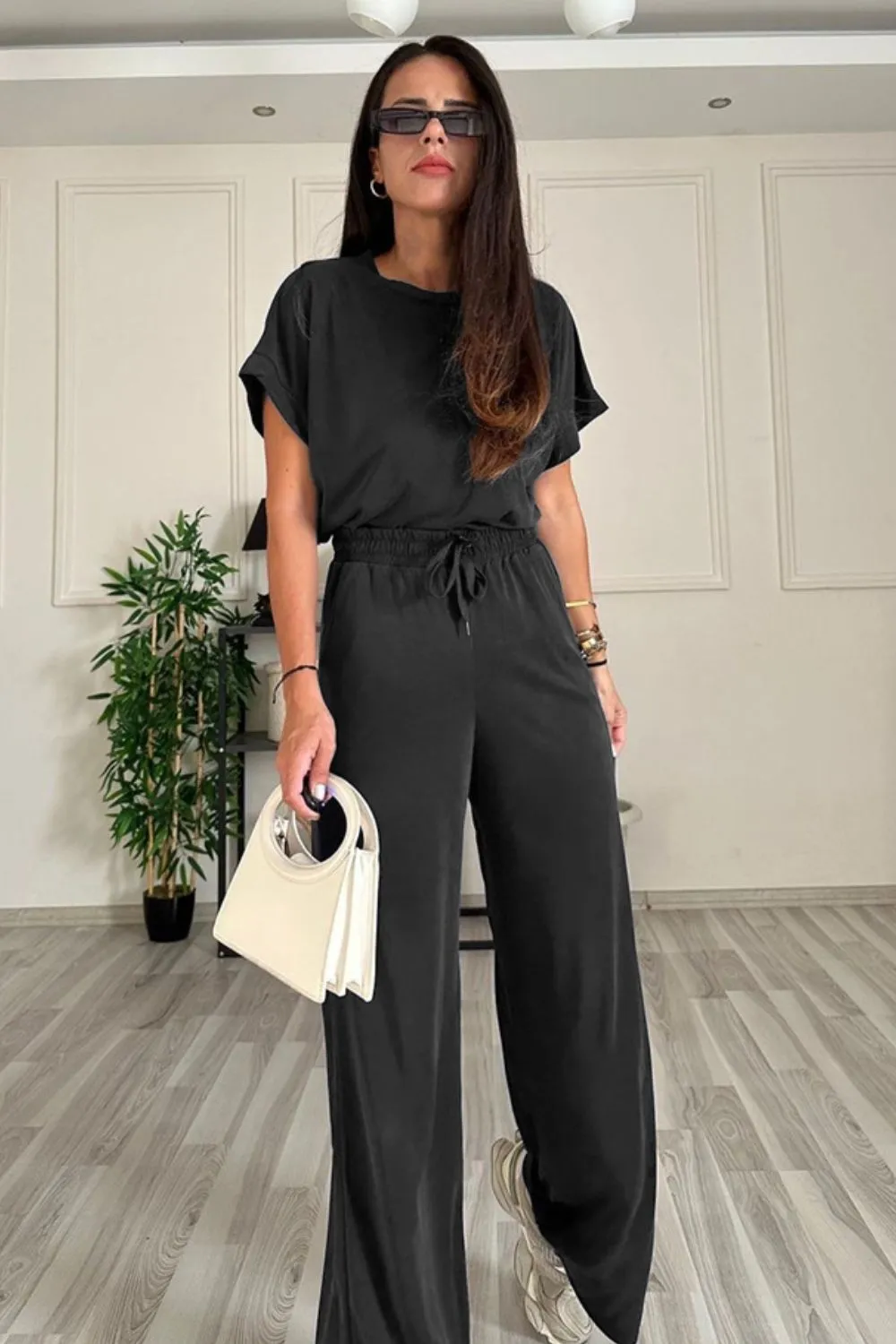 Round Neck Short Sleeve Top and Drawstring Pants Set, image 5