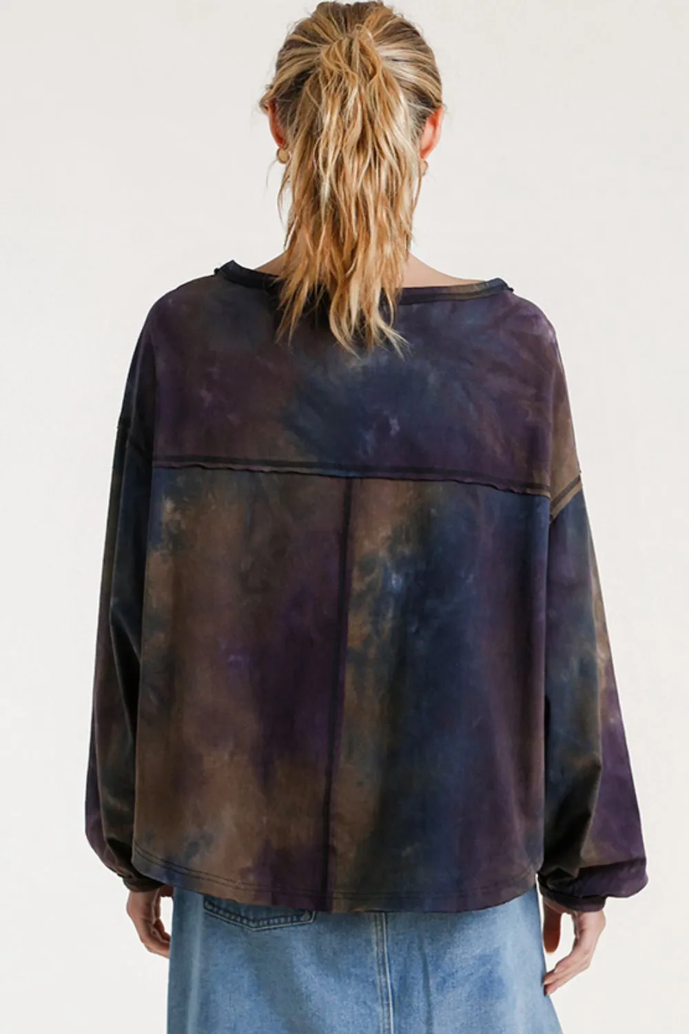 Full Size Tie Dye Round Neck Long Balloon Sleeve Top Plus Size, image 2